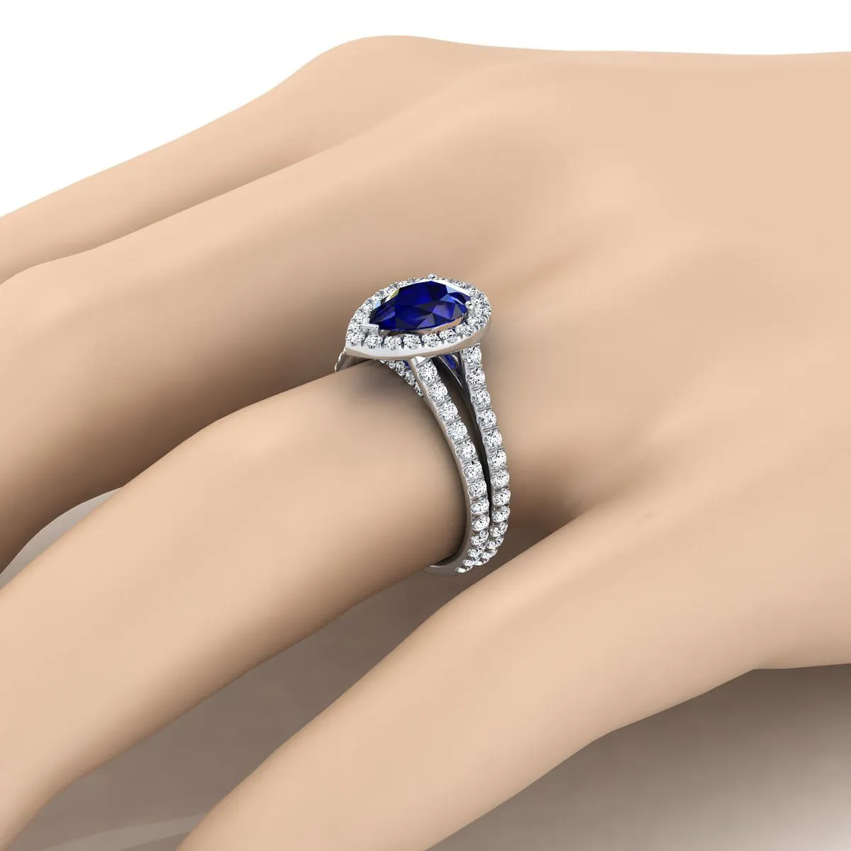 Platinum Pear Shape Center Sapphire Halo Two Row Pavé Diamond Split Shank Engagement Ring -7/8ctw