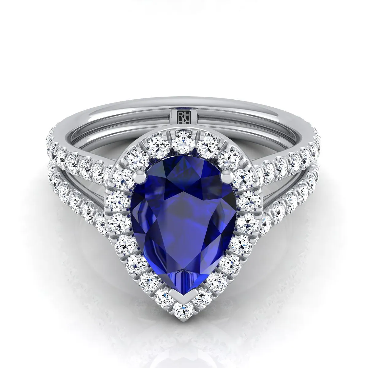 Platinum Pear Shape Center Sapphire Halo Two Row Pavé Diamond Split Shank Engagement Ring -7/8ctw