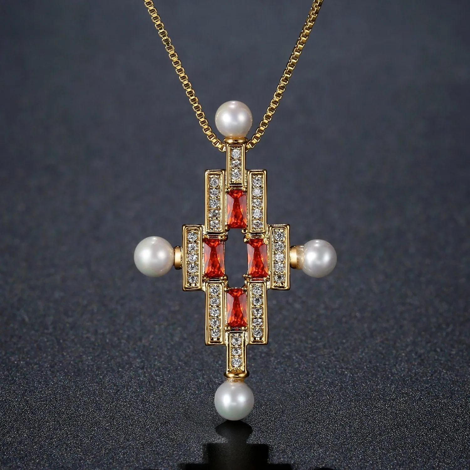 Red Cubic Zirconia Cross Pearl Pendant Necklace KPN0277
