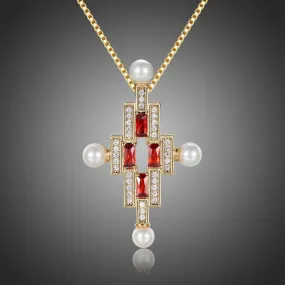 Red Cubic Zirconia Cross Pearl Pendant Necklace KPN0277