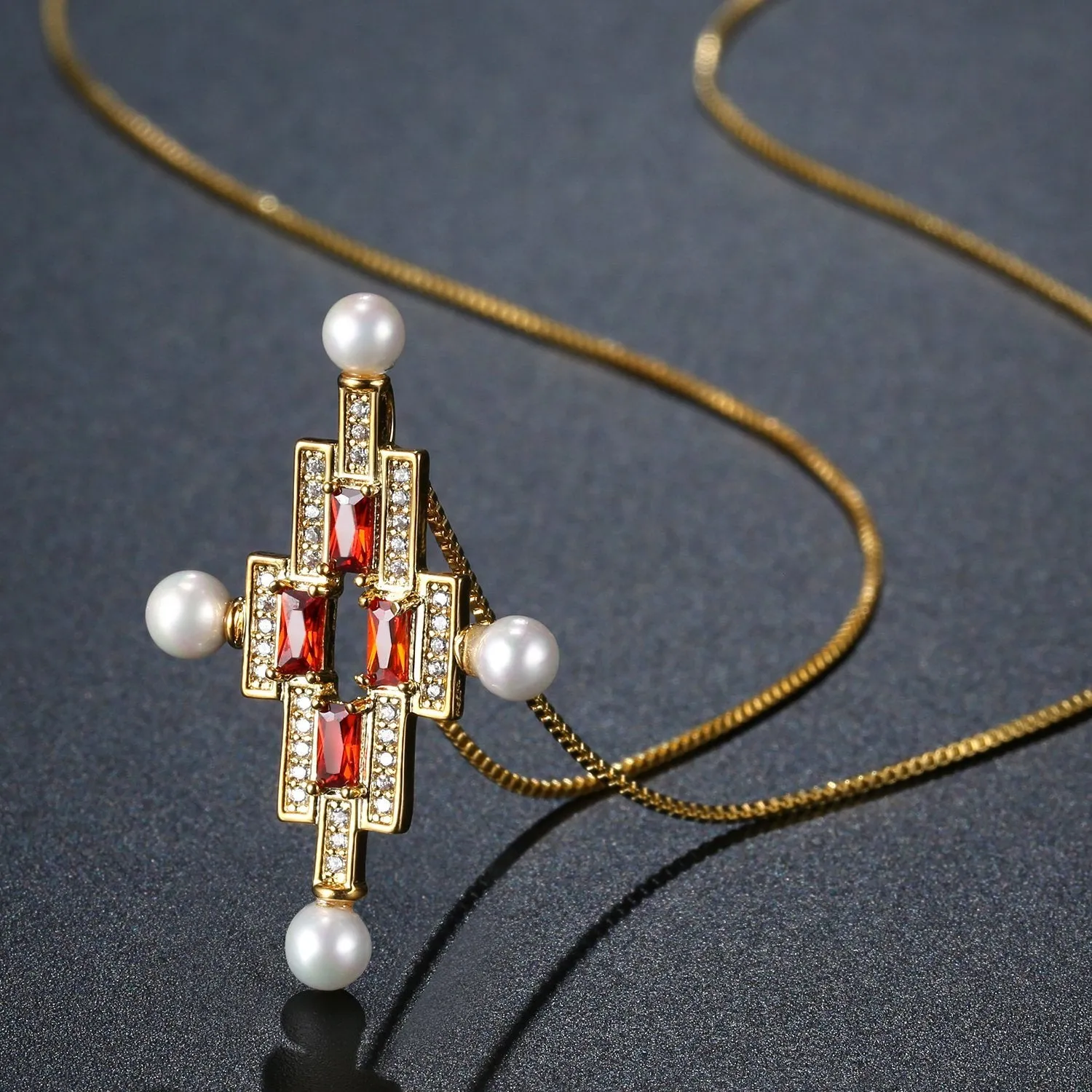Red Cubic Zirconia Cross Pearl Pendant Necklace KPN0277