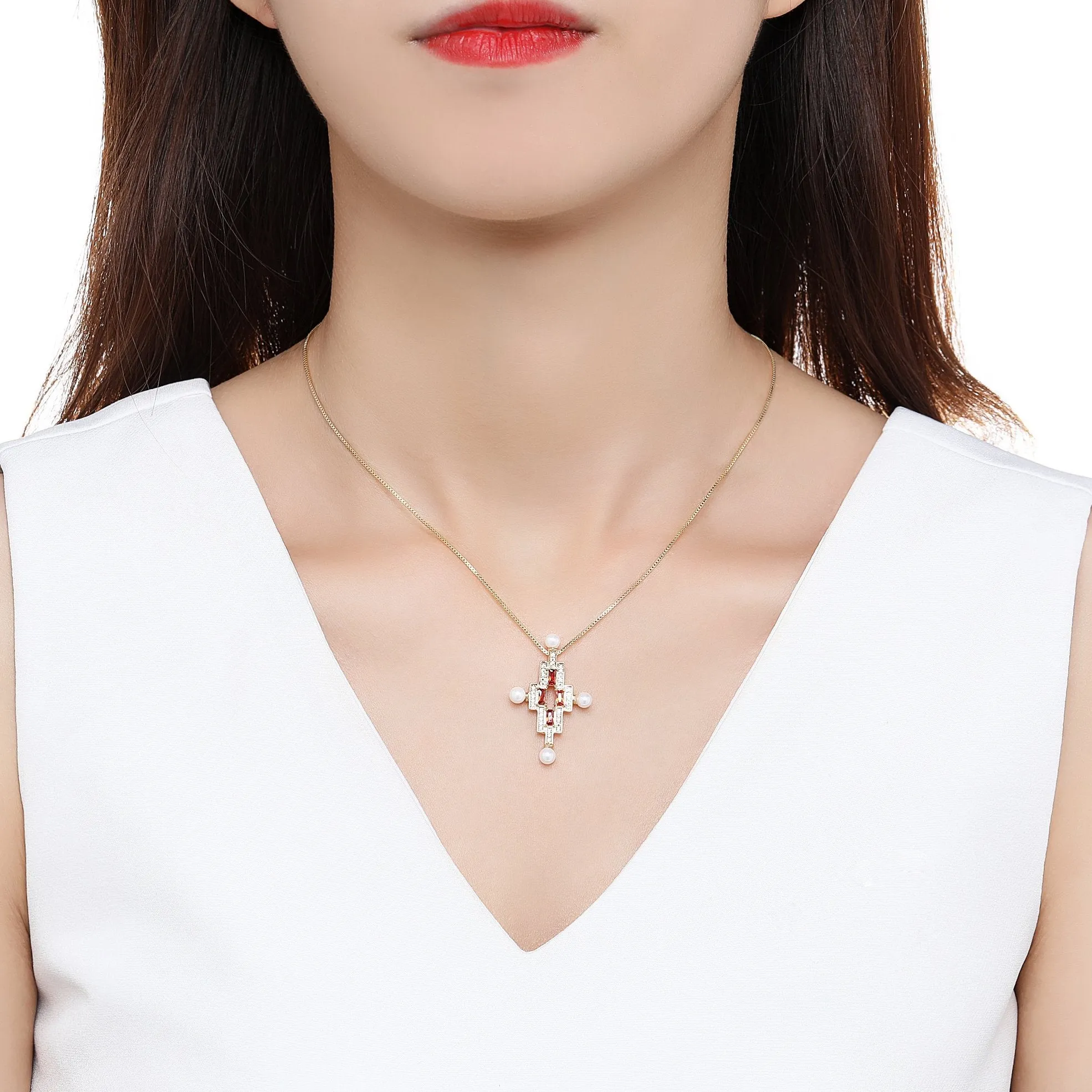 Red Cubic Zirconia Cross Pearl Pendant Necklace KPN0277
