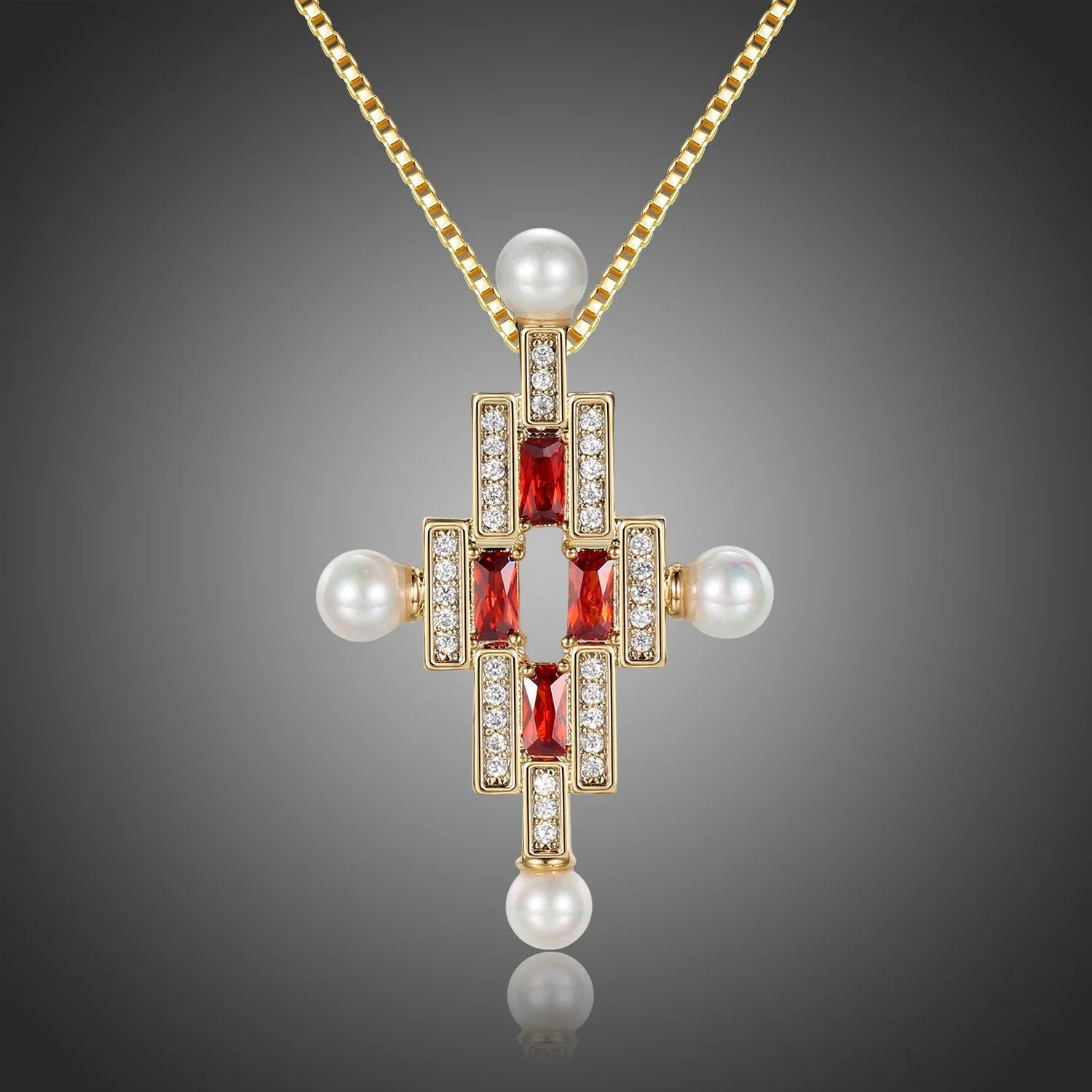 Red Cubic Zirconia Cross Pearl Pendant Necklace KPN0277
