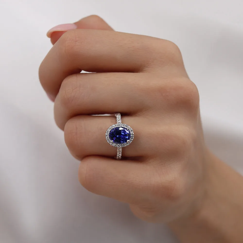 ROSA - Chatham® Blue Sapphire & Diamond 950 Platinum Halo