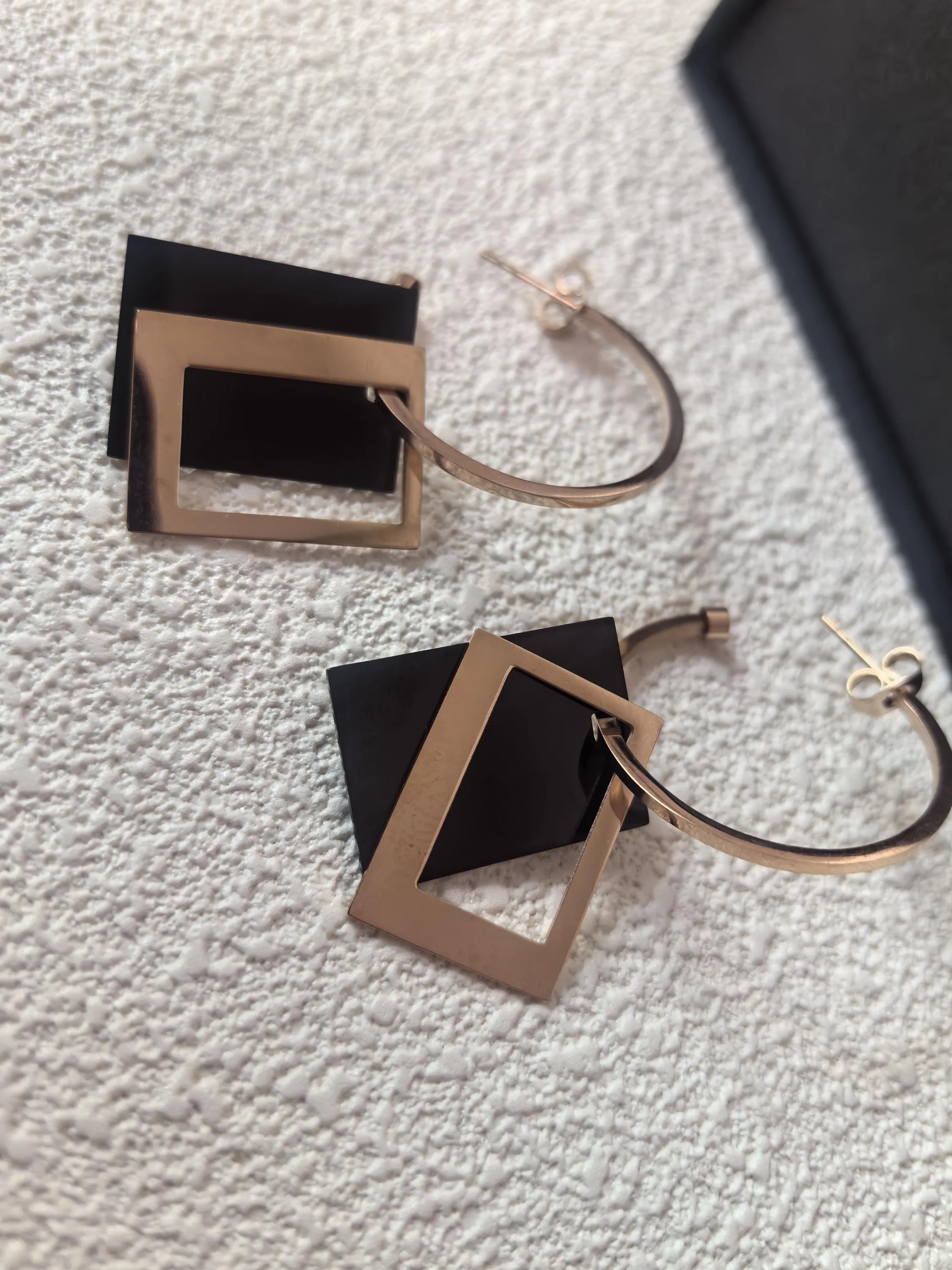 Rose Gold Black Titanium Steel Hoop Rectangle Drop Dangle Earrings