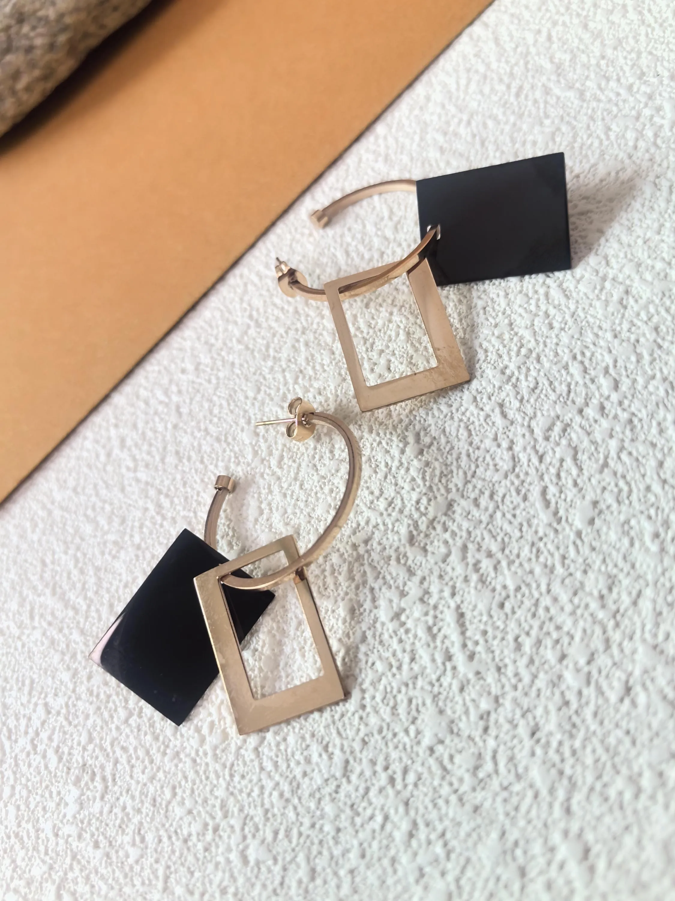 Rose Gold Black Titanium Steel Hoop Rectangle Drop Dangle Earrings