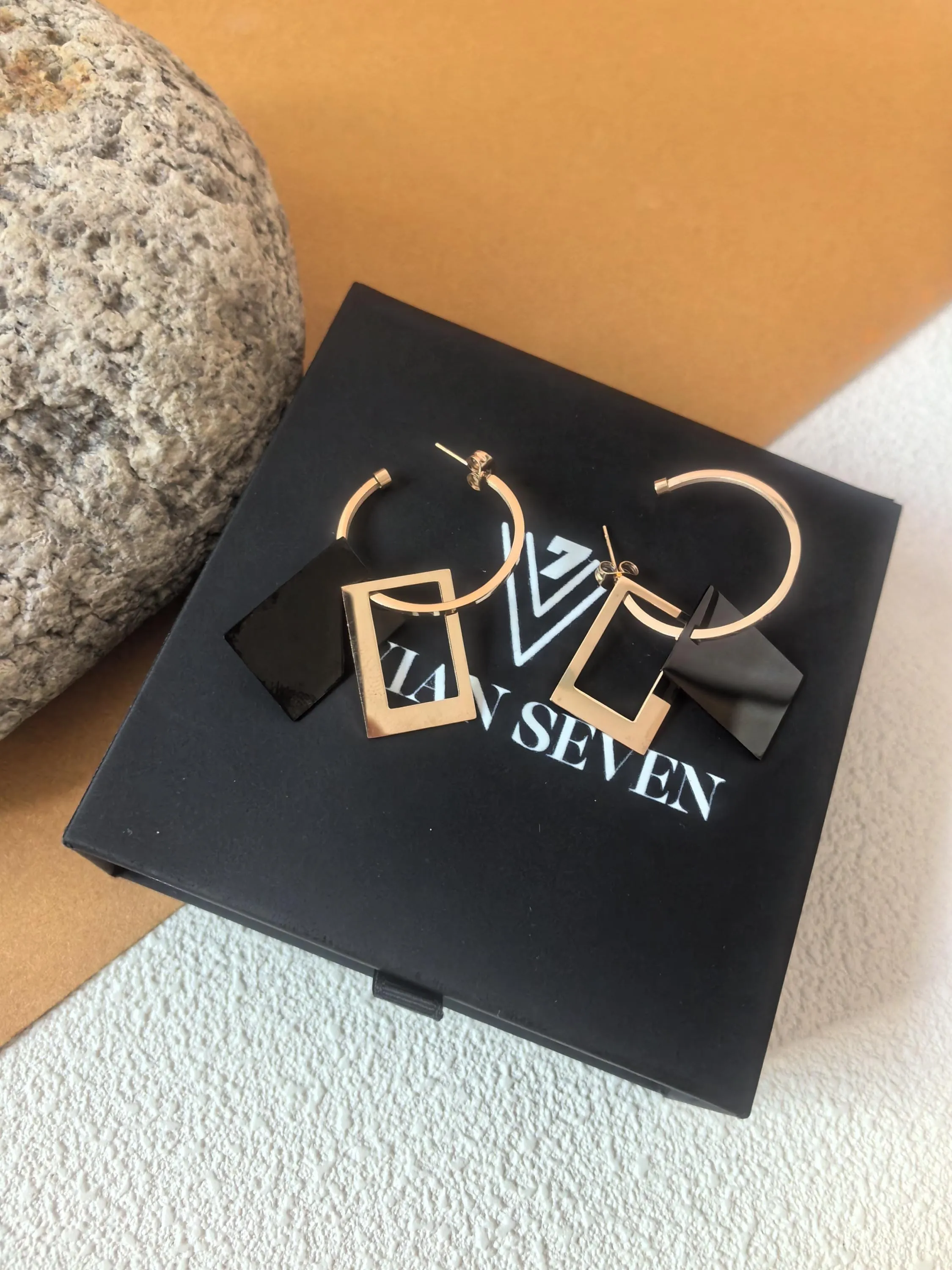 Rose Gold Black Titanium Steel Hoop Rectangle Drop Dangle Earrings