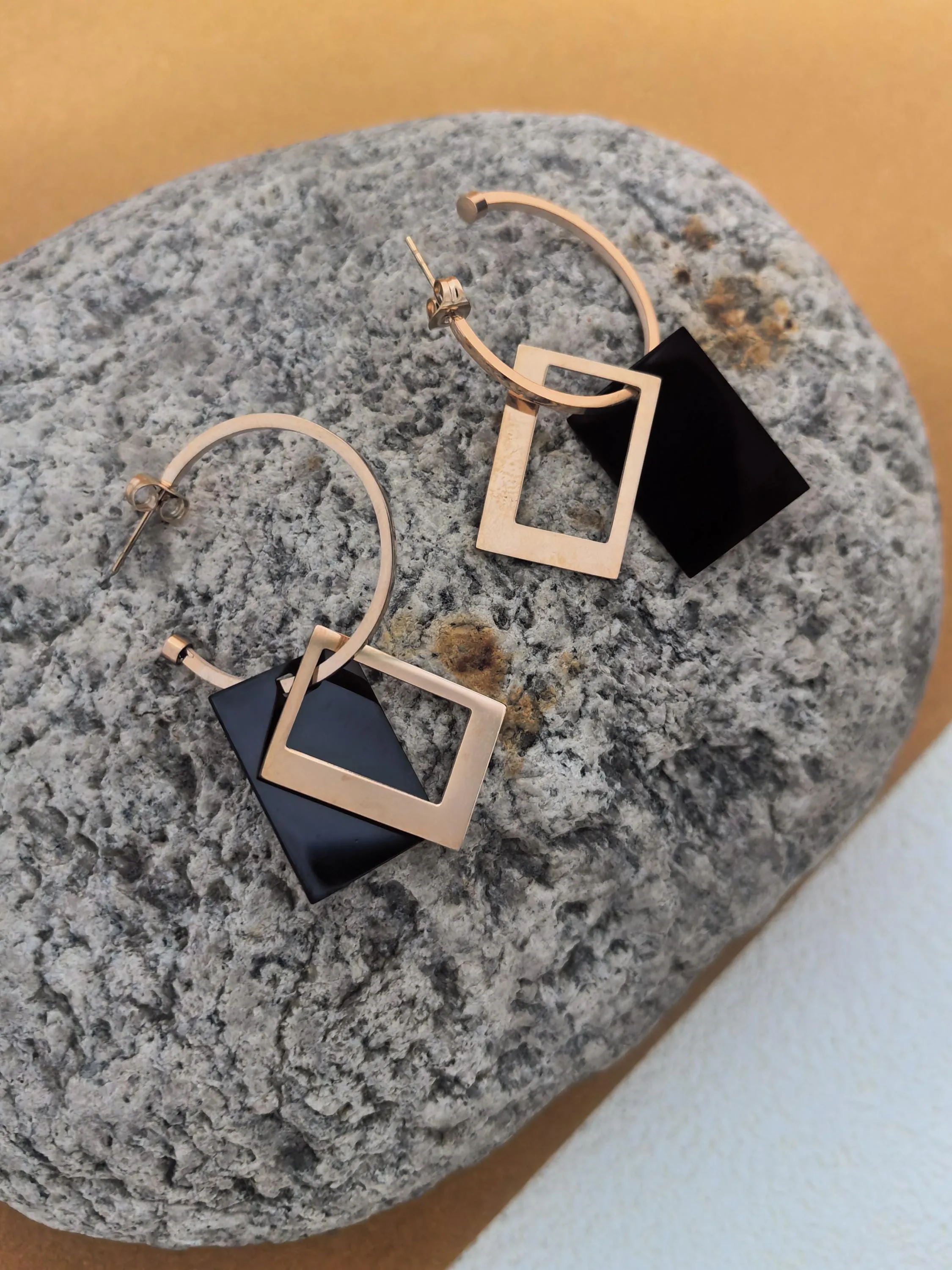 Rose Gold Black Titanium Steel Hoop Rectangle Drop Dangle Earrings