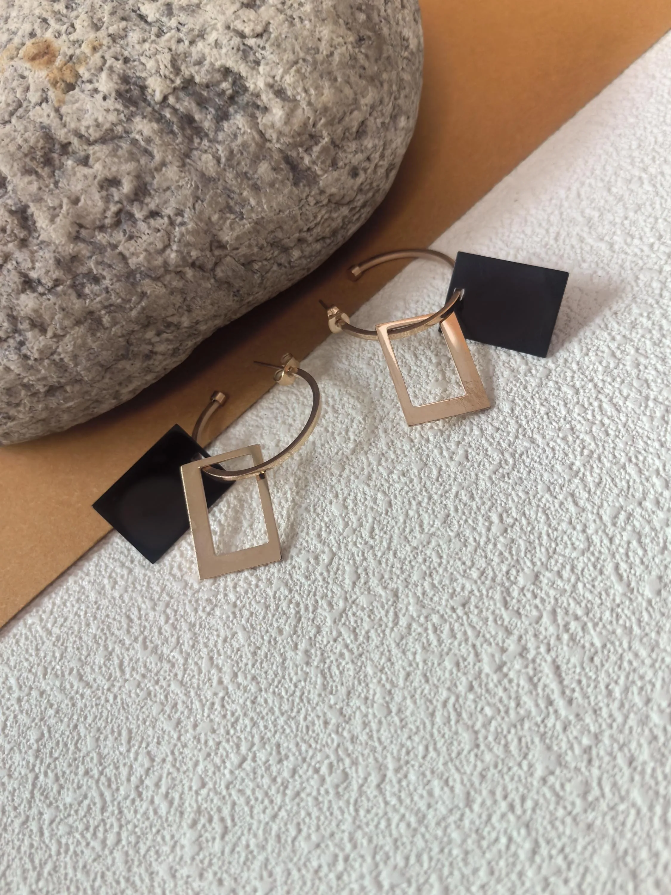 Rose Gold Black Titanium Steel Hoop Rectangle Drop Dangle Earrings
