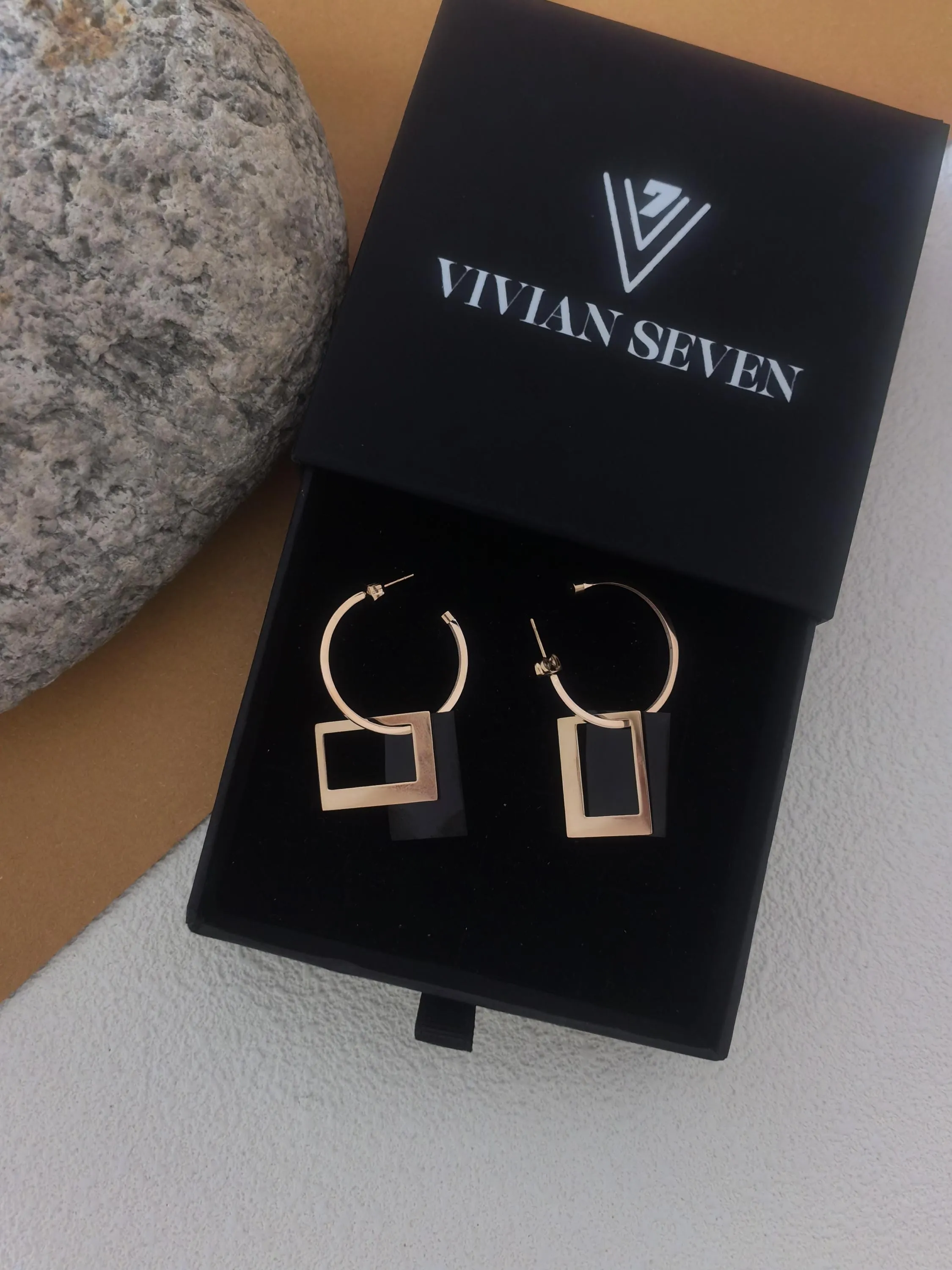 Rose Gold Black Titanium Steel Hoop Rectangle Drop Dangle Earrings