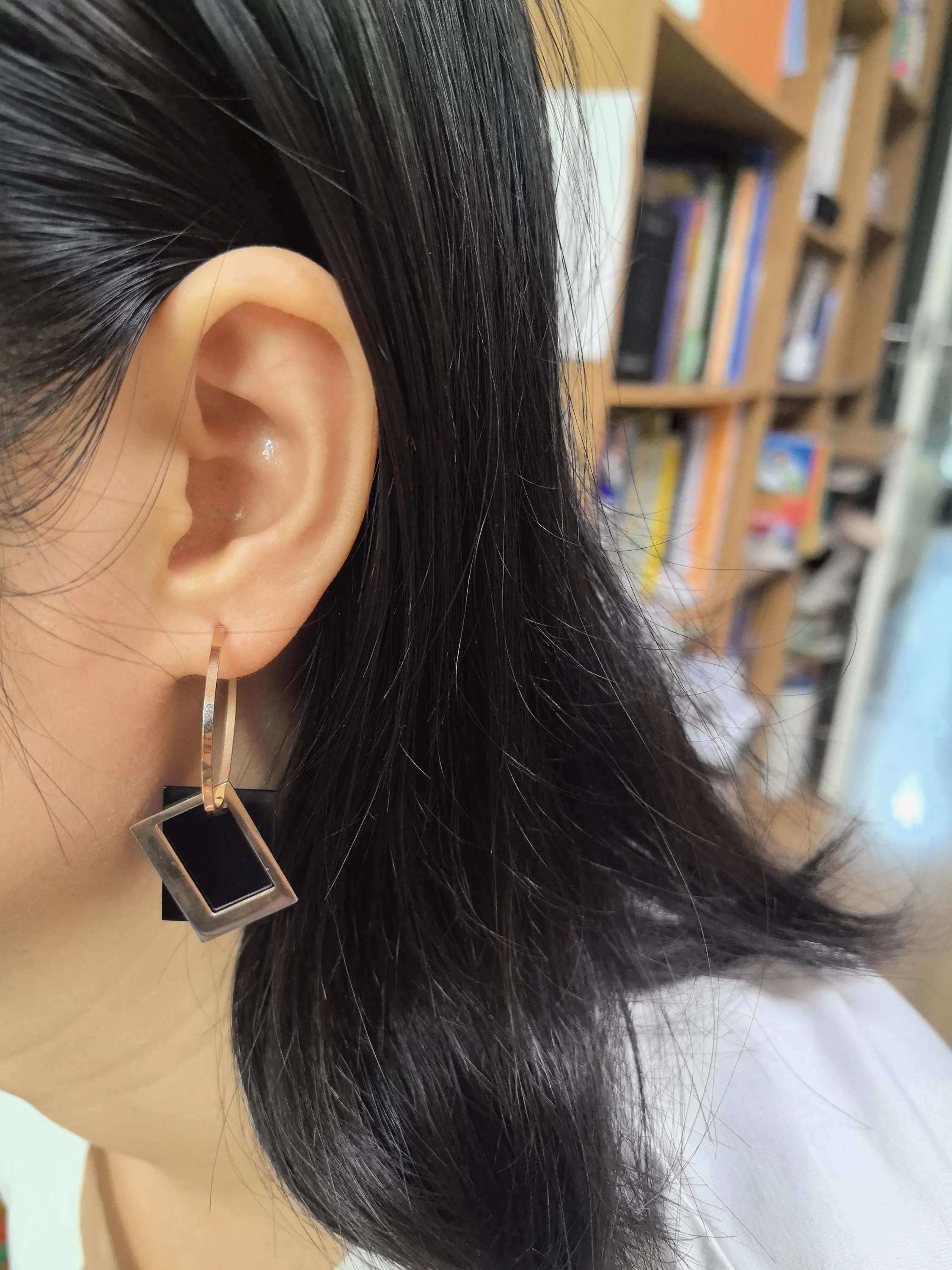 Rose Gold Black Titanium Steel Hoop Rectangle Drop Dangle Earrings