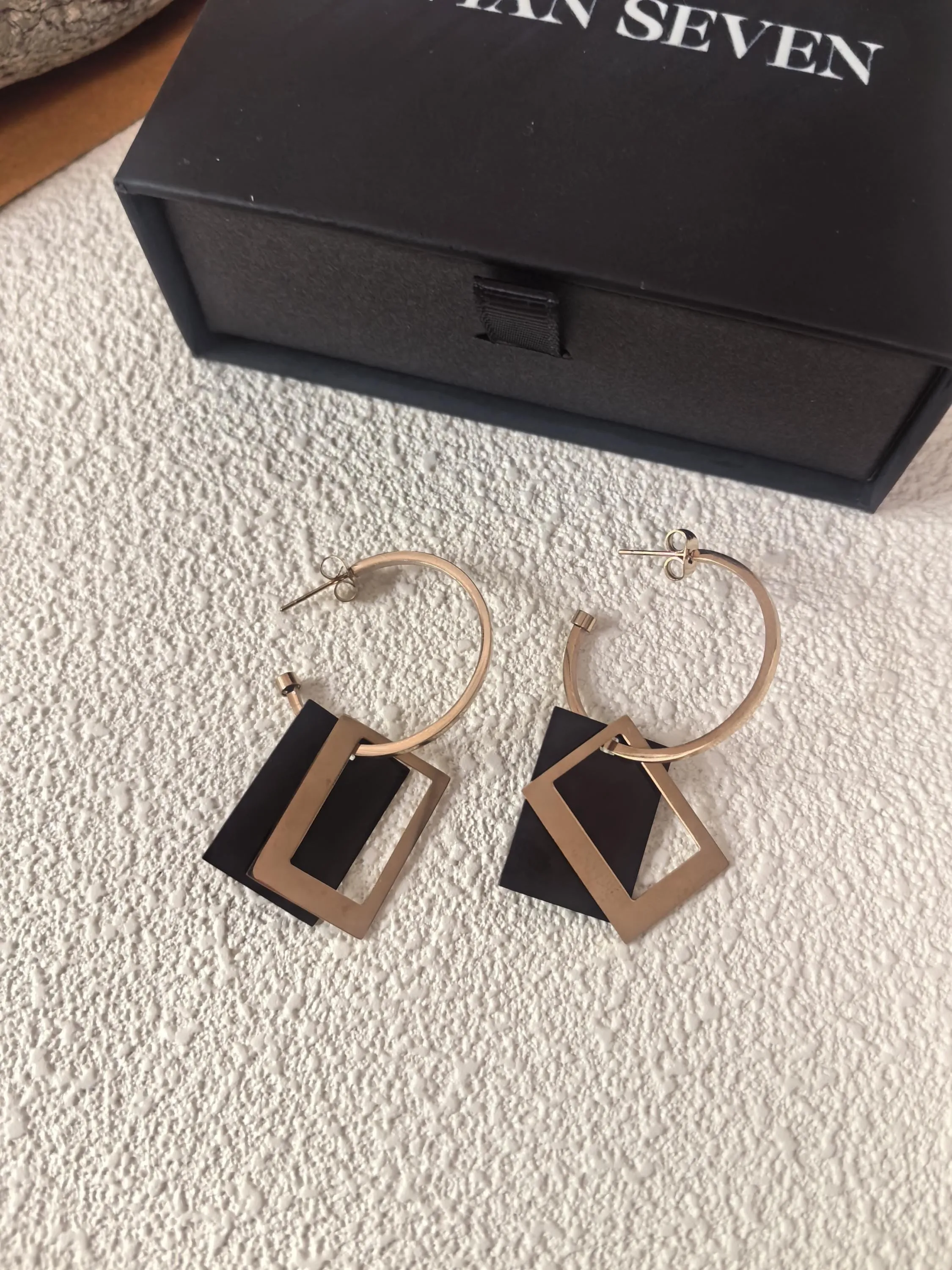 Rose Gold Black Titanium Steel Hoop Rectangle Drop Dangle Earrings