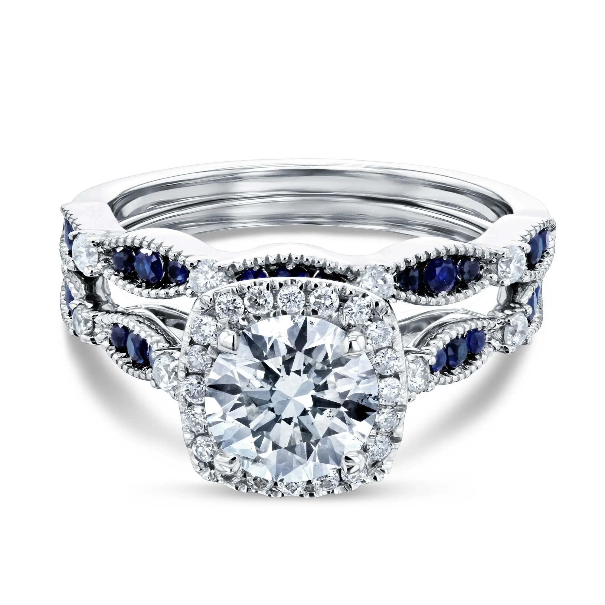 Round Diamond and Blue Sapphire Bridal Set