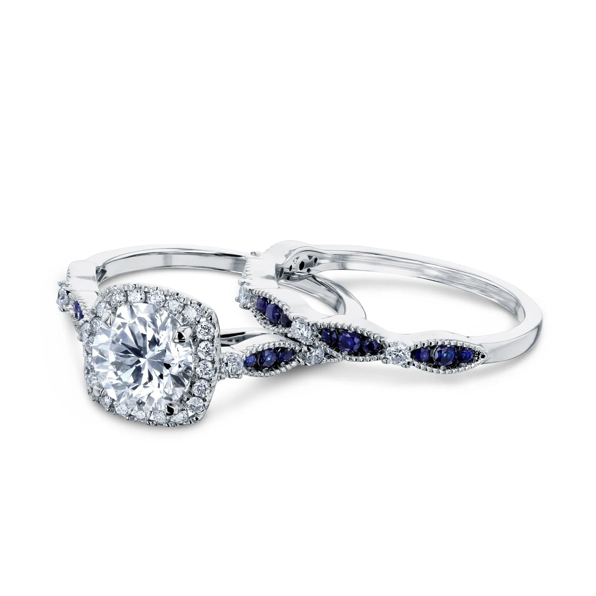 Round Diamond and Blue Sapphire Bridal Set
