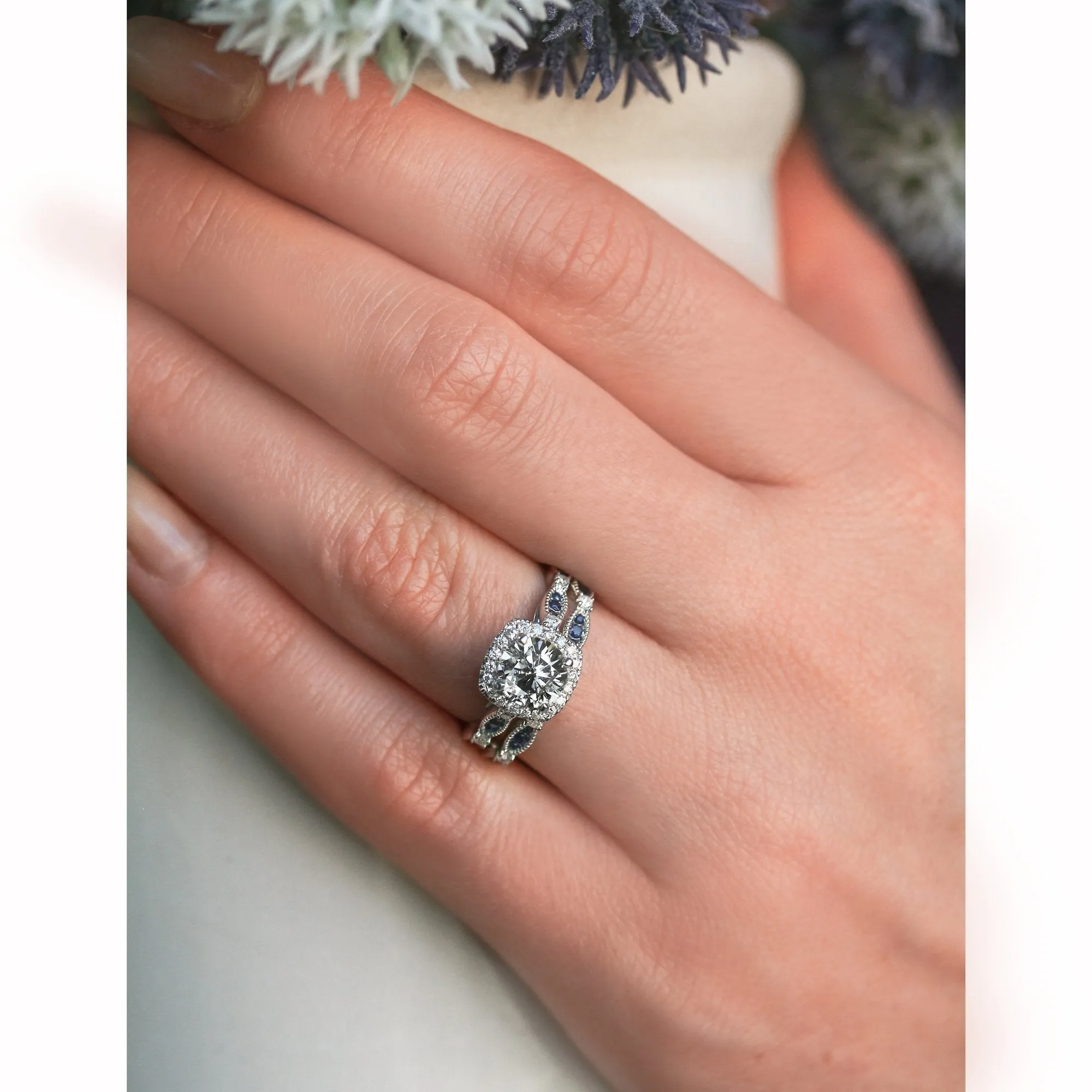 Round Diamond and Blue Sapphire Bridal Set