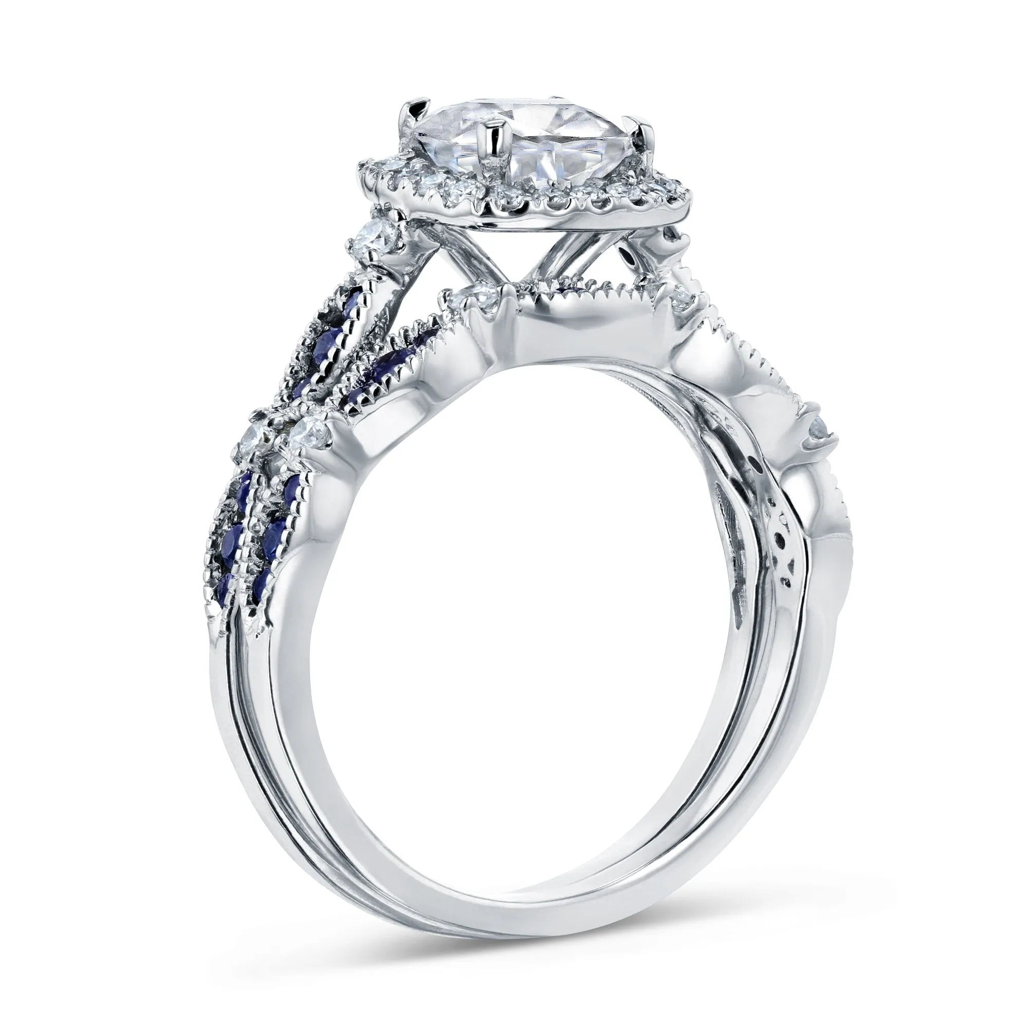 Round Diamond and Blue Sapphire Bridal Set