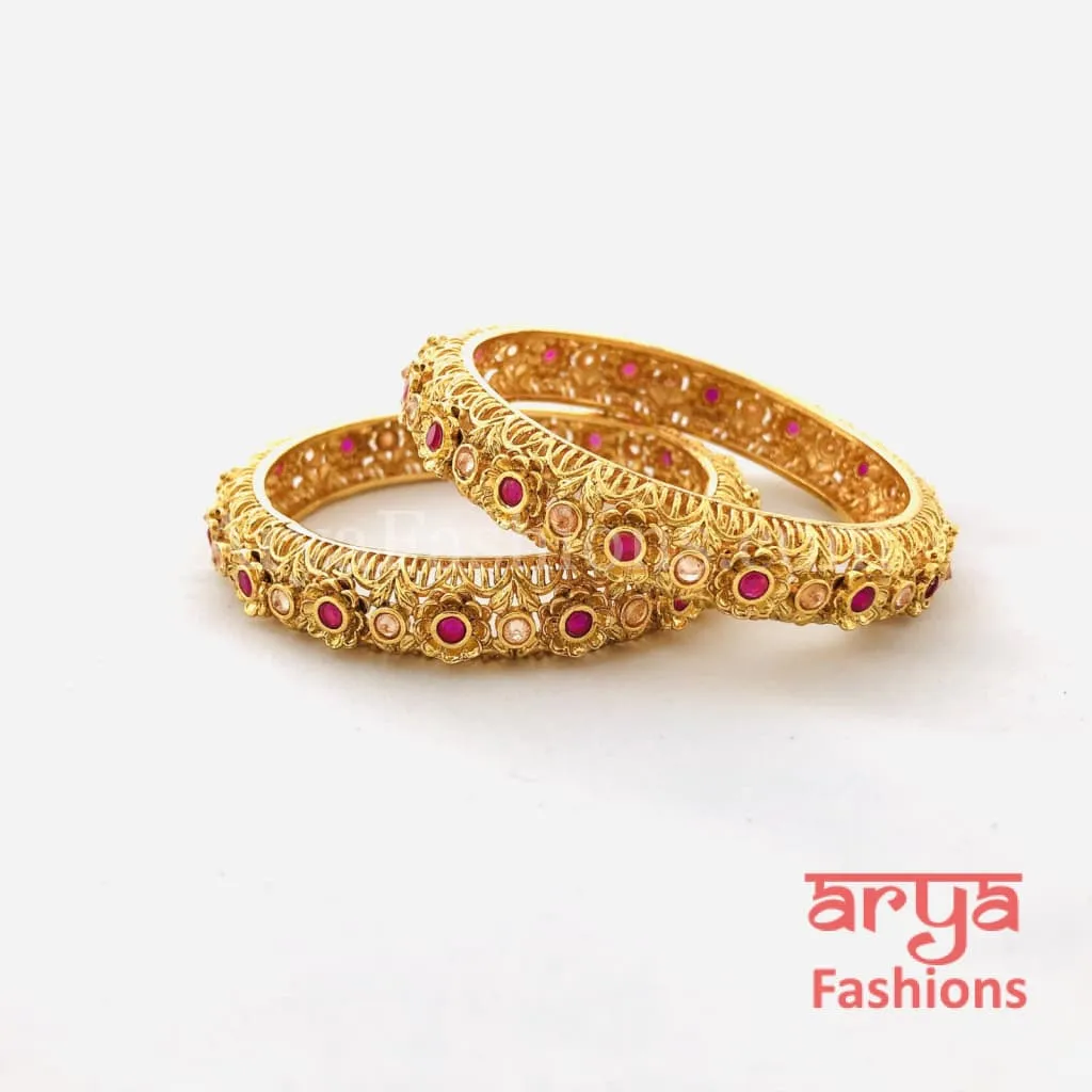 Ruby Kundan Rajwadi Bangles, Pair of 2 Bangles