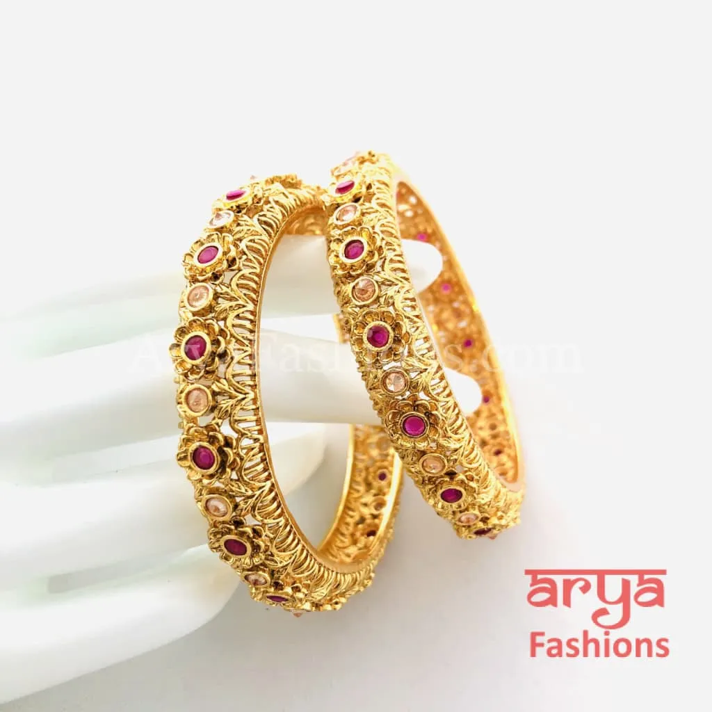 Ruby Kundan Rajwadi Bangles, Pair of 2 Bangles