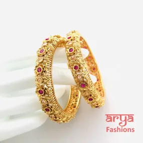 Ruby Kundan Rajwadi Bangles, Pair of 2 Bangles