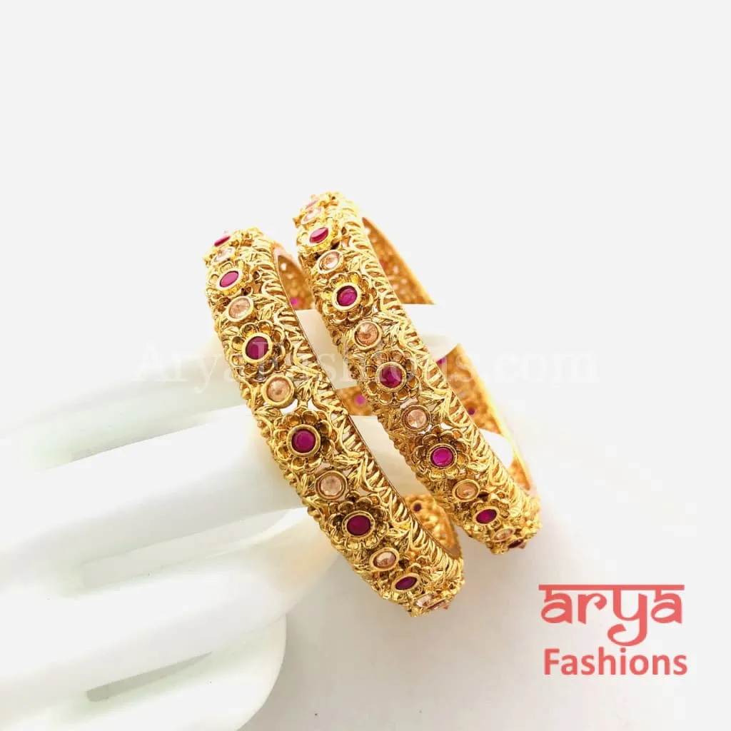 Ruby Kundan Rajwadi Bangles, Pair of 2 Bangles