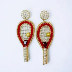 Ruby Tennis Racket Beaded Earrings
