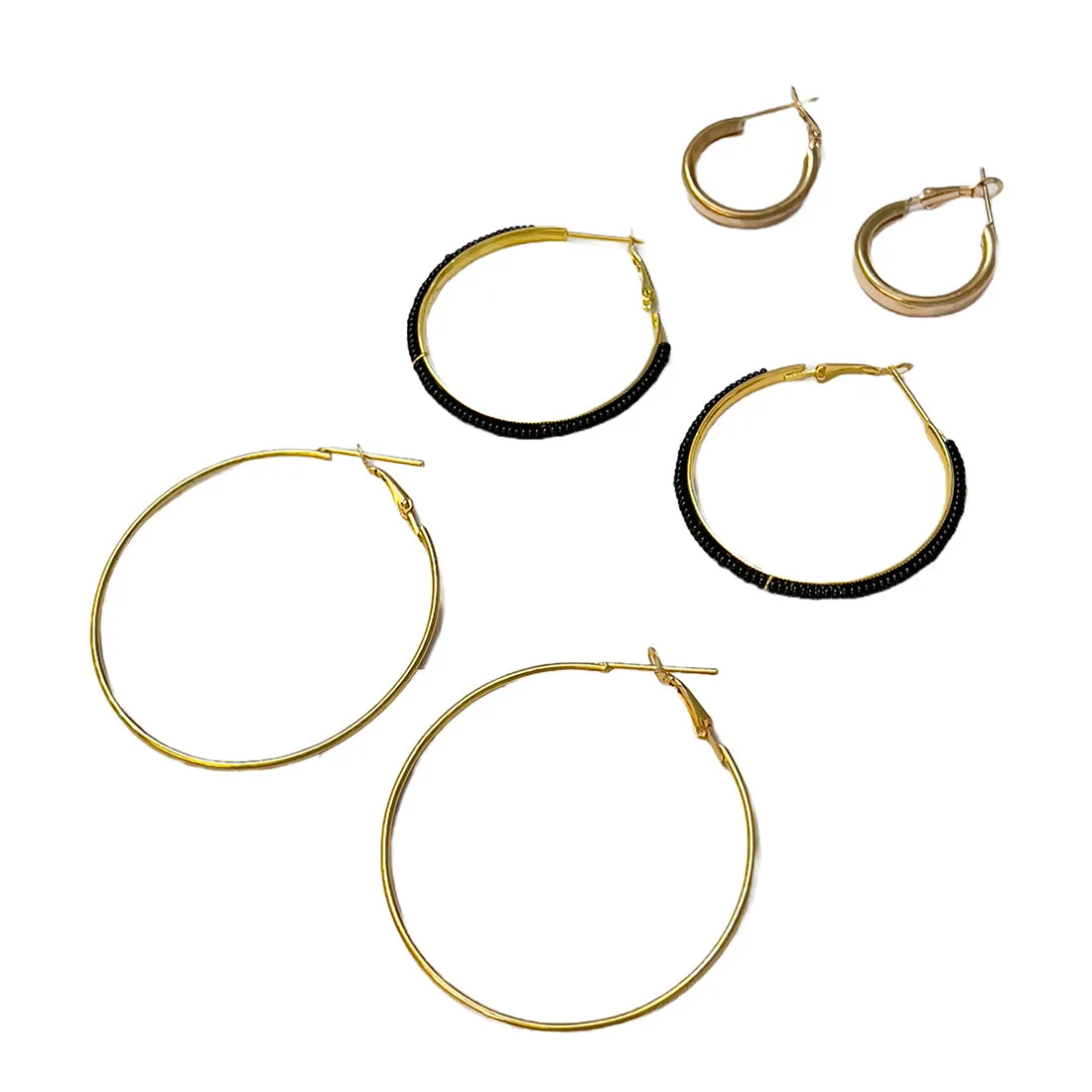 Set Of 3 Gold-Toned & Black Beaded Hoop Earrings