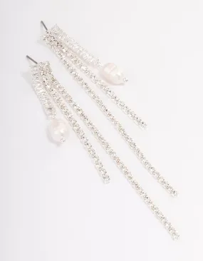 Silver Plated Cubic Zirconia Cupchain Pearl Drop Earrings