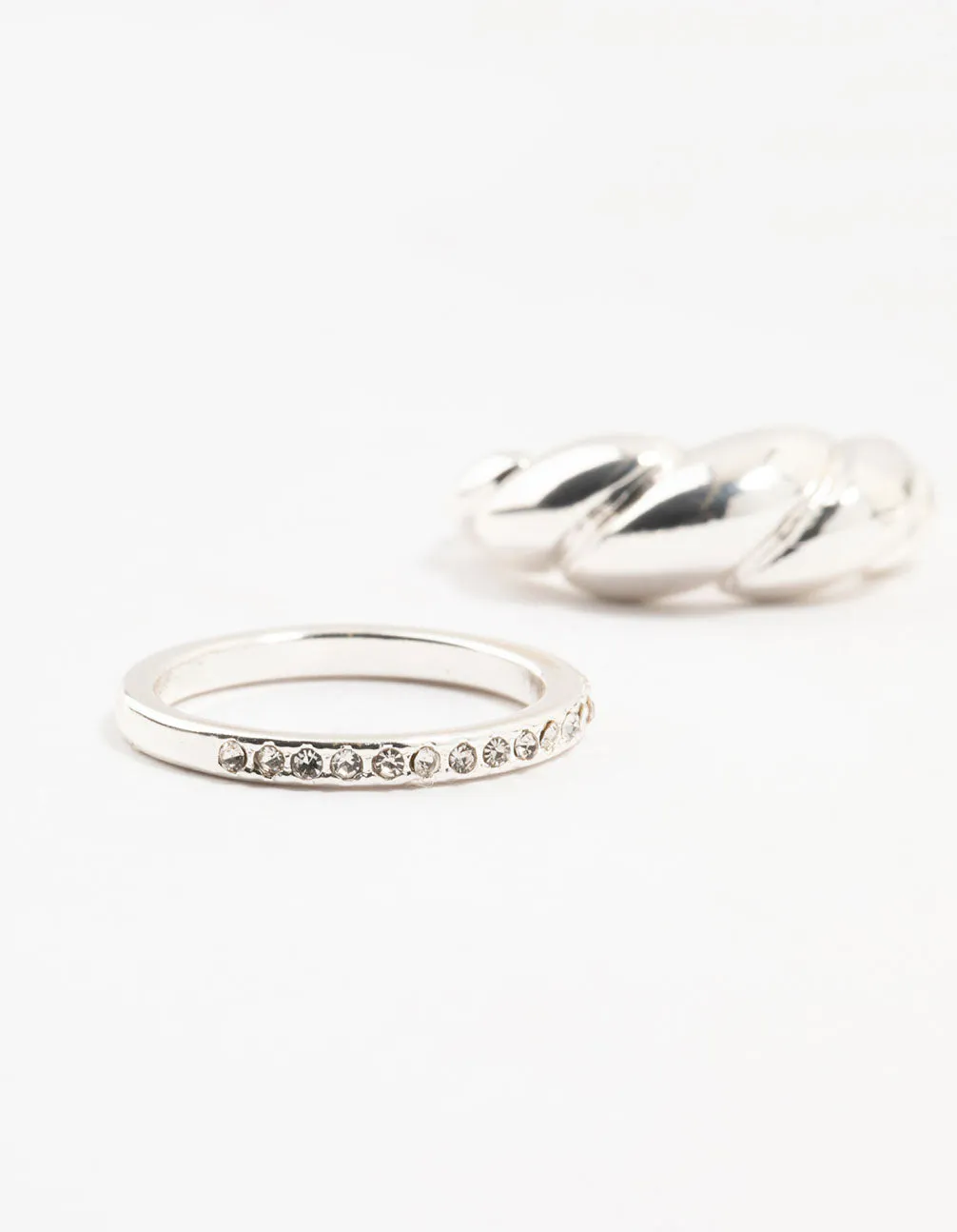 Silver Plated Diamante Twisted Ring Pack