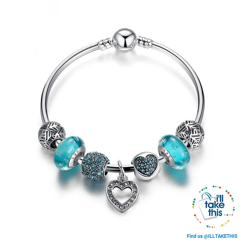 Silver Plated Pink or Blue Heart Charm Bracelets, ideal Beaded Bangle/Jewelry Gift for all occasions