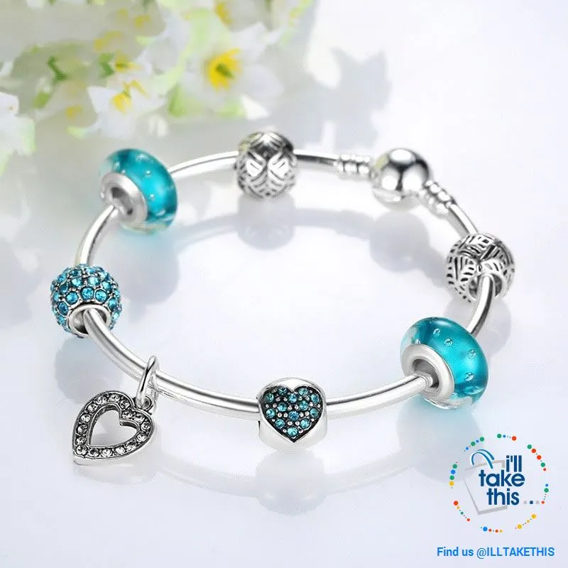 Silver Plated Pink or Blue Heart Charm Bracelets, ideal Beaded Bangle/Jewelry Gift for all occasions