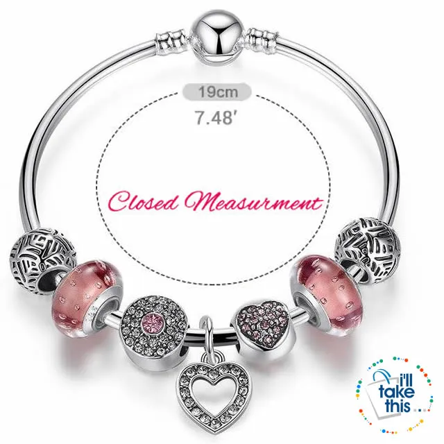 Silver Plated Pink or Blue Heart Charm Bracelets, ideal Beaded Bangle/Jewelry Gift for all occasions