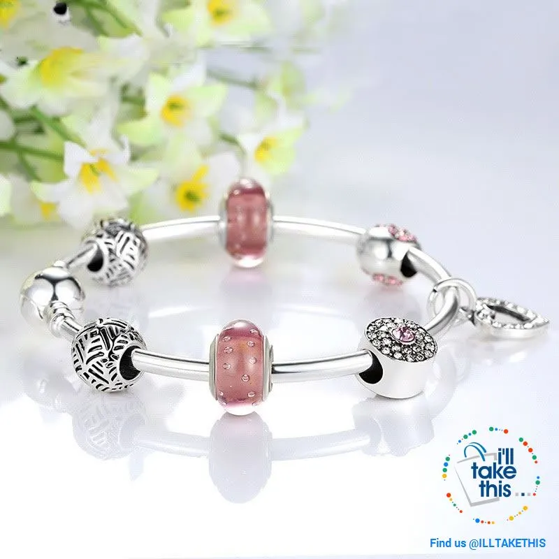 Silver Plated Pink or Blue Heart Charm Bracelets, ideal Beaded Bangle/Jewelry Gift for all occasions
