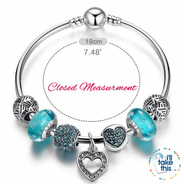 Silver Plated Pink or Blue Heart Charm Bracelets, ideal Beaded Bangle/Jewelry Gift for all occasions