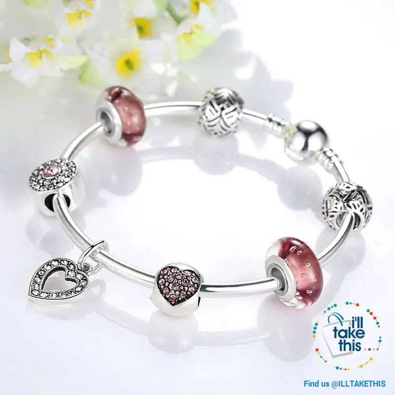 Silver Plated Pink or Blue Heart Charm Bracelets, ideal Beaded Bangle/Jewelry Gift for all occasions