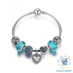 Silver Plated Pink or Blue Heart Charm Bracelets, ideal Beaded Bangle/Jewelry Gift for all occasions