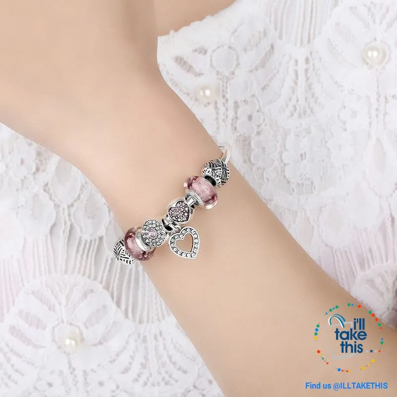 Silver Plated Pink or Blue Heart Charm Bracelets, ideal Beaded Bangle/Jewelry Gift for all occasions