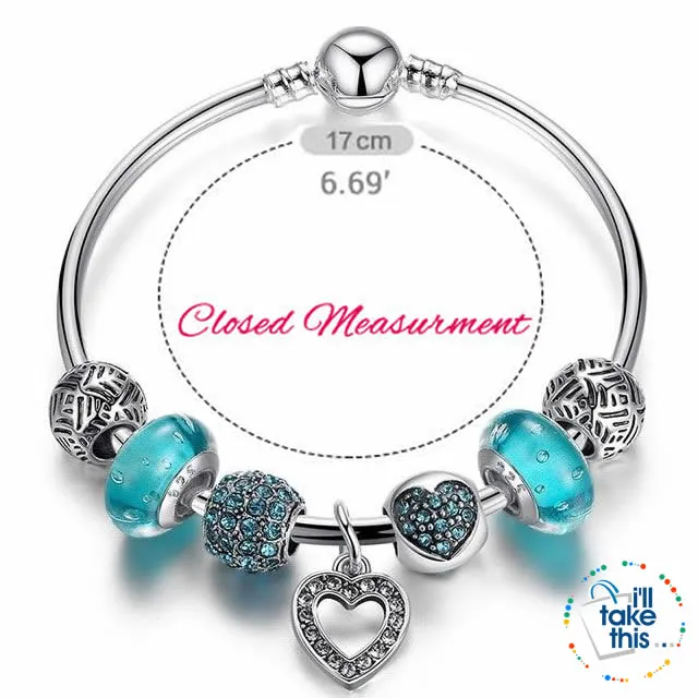 Silver Plated Pink or Blue Heart Charm Bracelets, ideal Beaded Bangle/Jewelry Gift for all occasions
