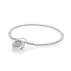Snake chain silver bracelet and PANDORA logo padlock clasp with clear cubic zirconia