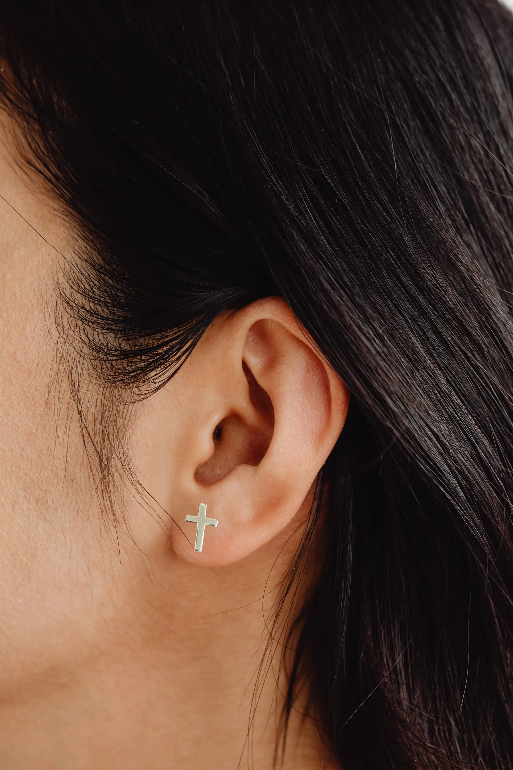 Sterling Silver Christian Cross Stud Unisex Earrings
