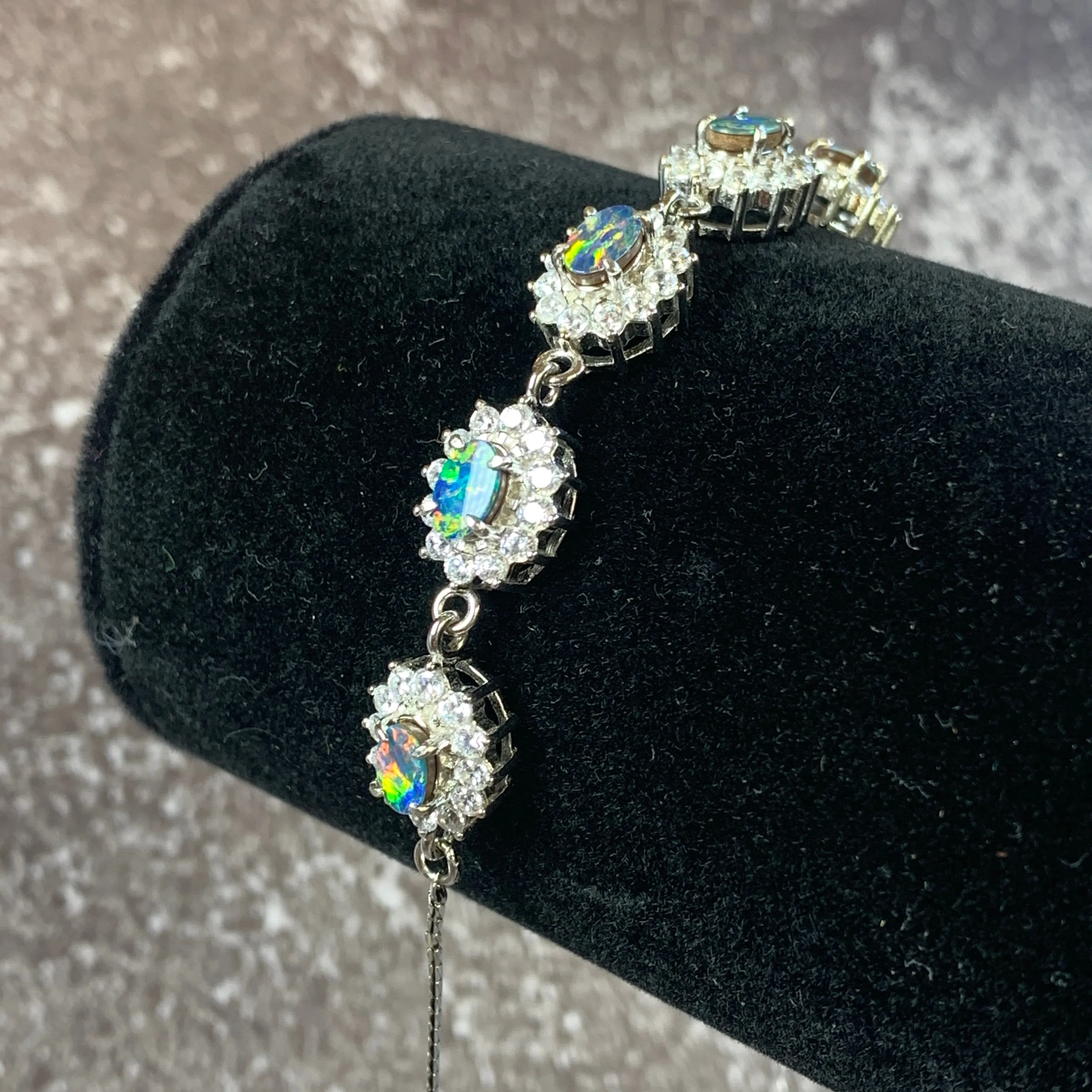 Sterling Silver Cluster design Opal doublet bracelet