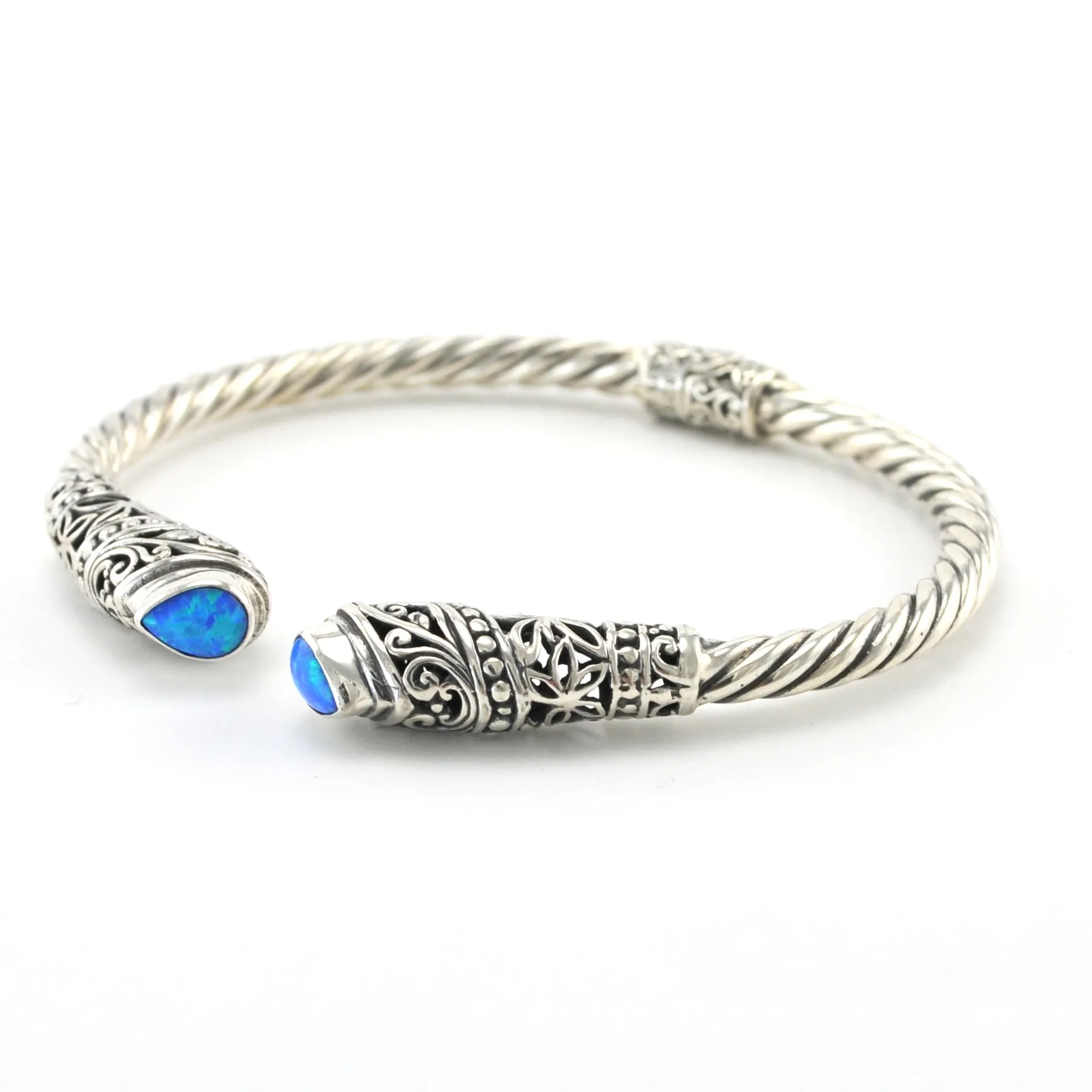 Sterling Silver Created Blue Opal Tear Bali Hinged Cuff Bracelet