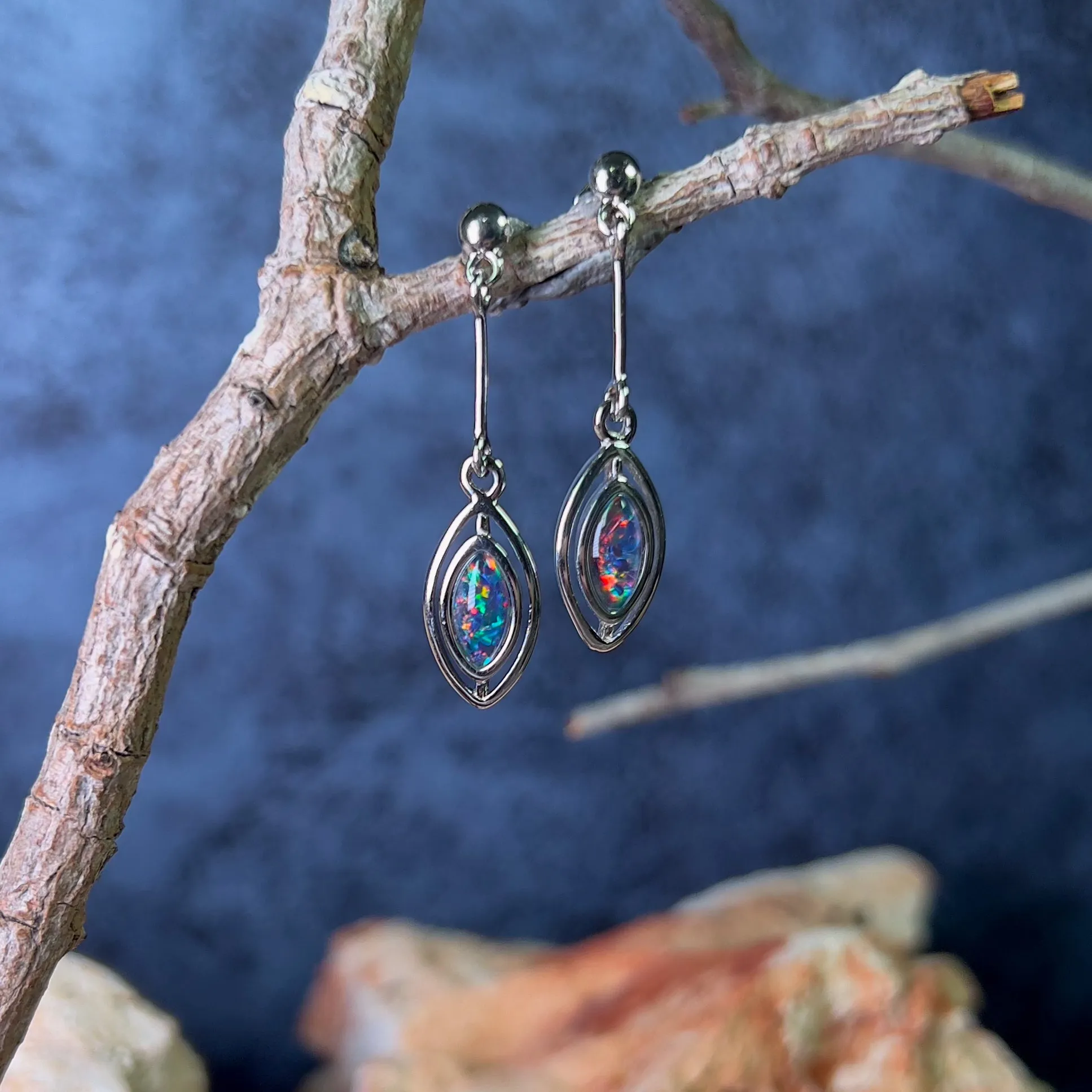 Sterling Silver dangling marquise shape Opal triplets earrings
