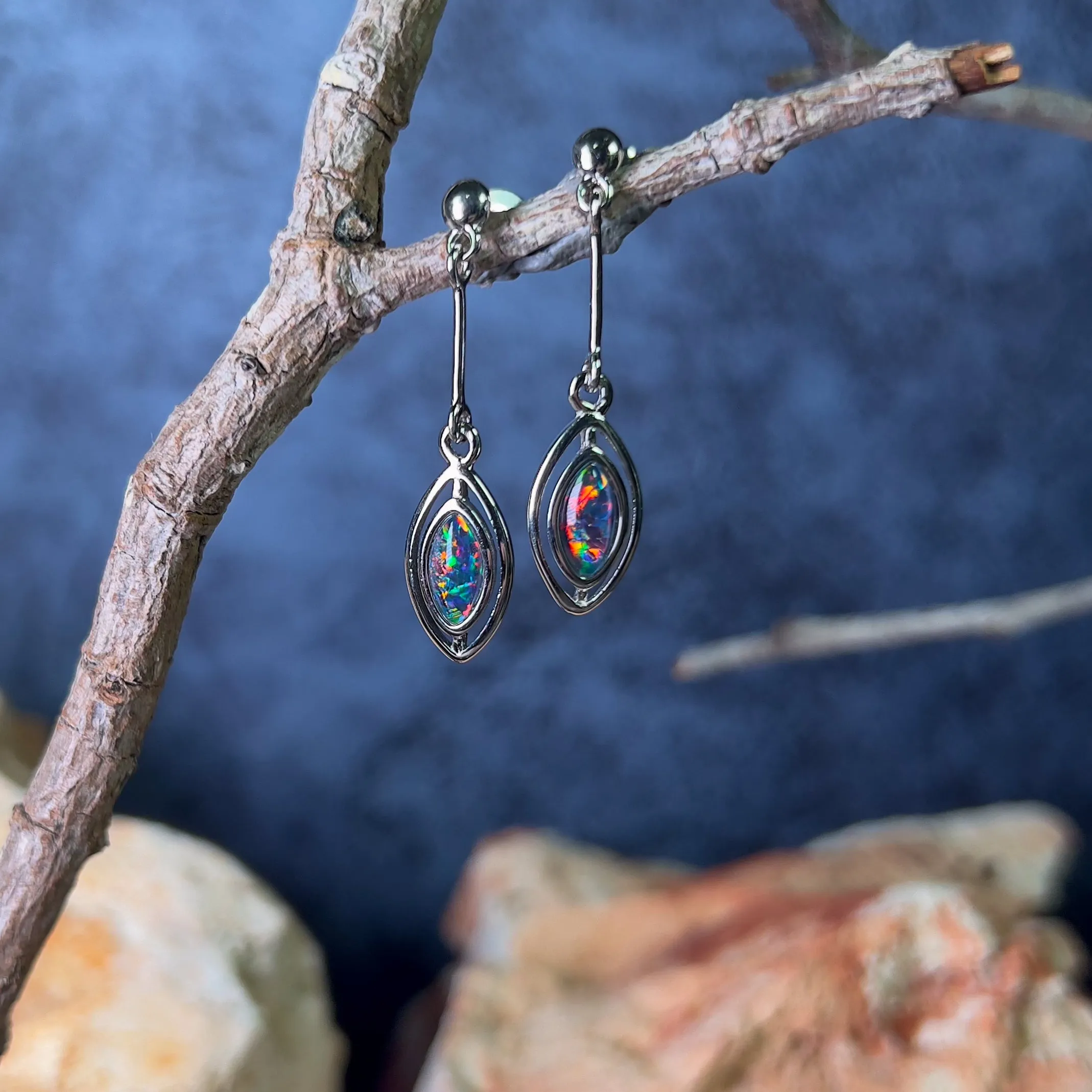 Sterling Silver dangling marquise shape Opal triplets earrings