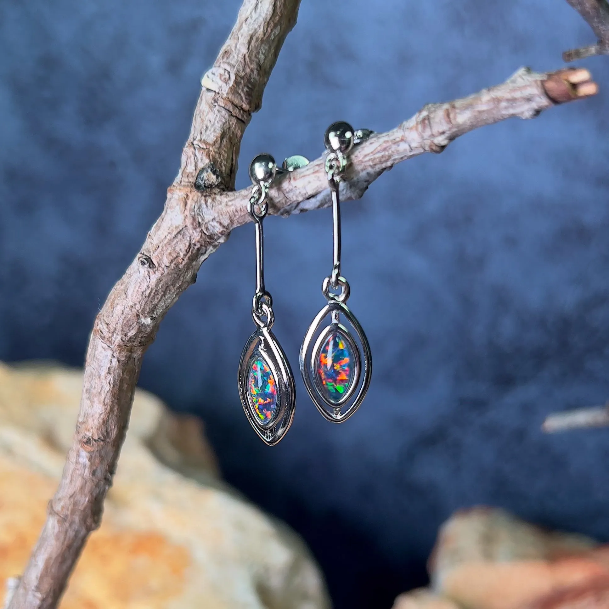 Sterling Silver dangling marquise shape Opal triplets earrings