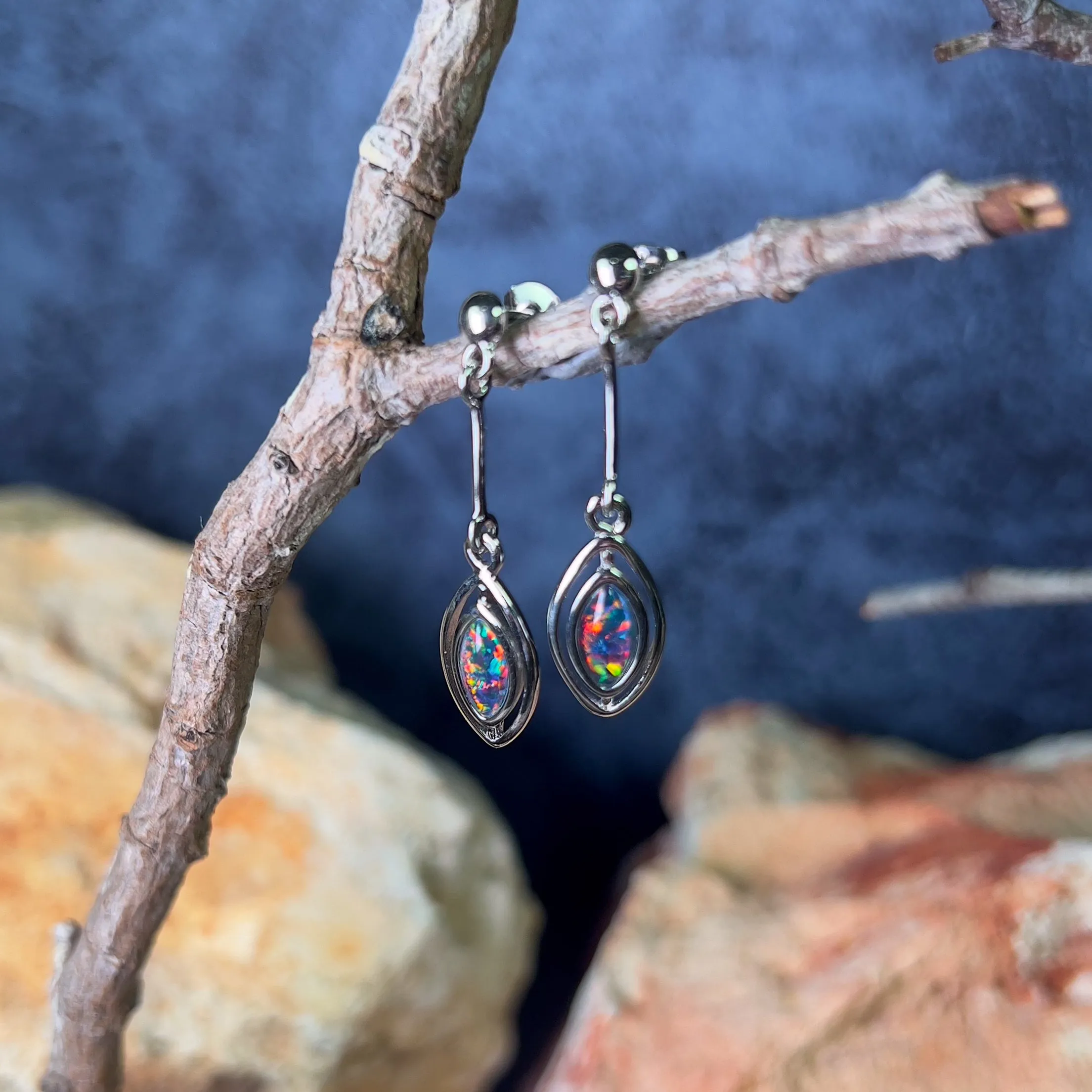 Sterling Silver dangling marquise shape Opal triplets earrings