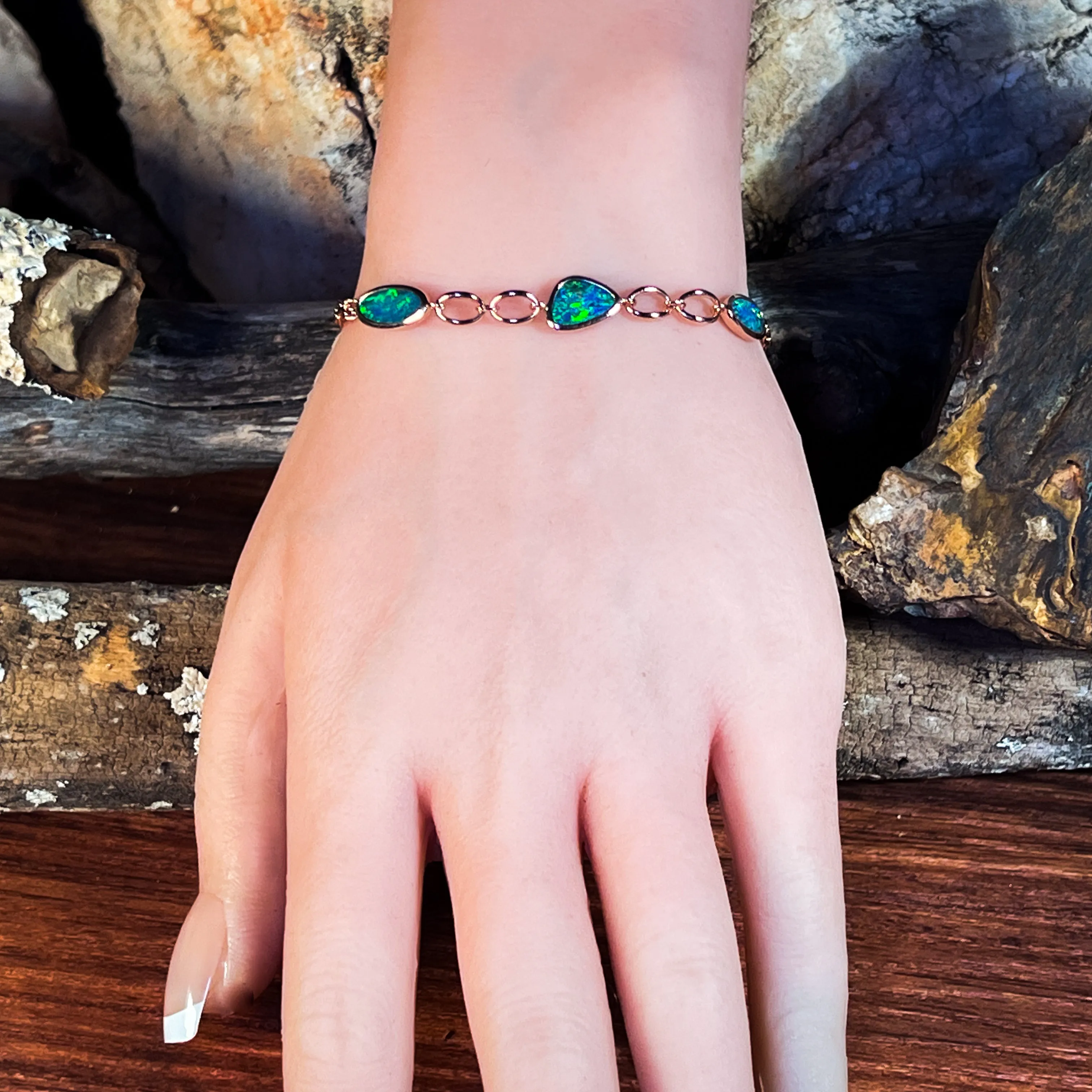 Sterling Silver Rose Gold plated freeform Opal doublet bracelet