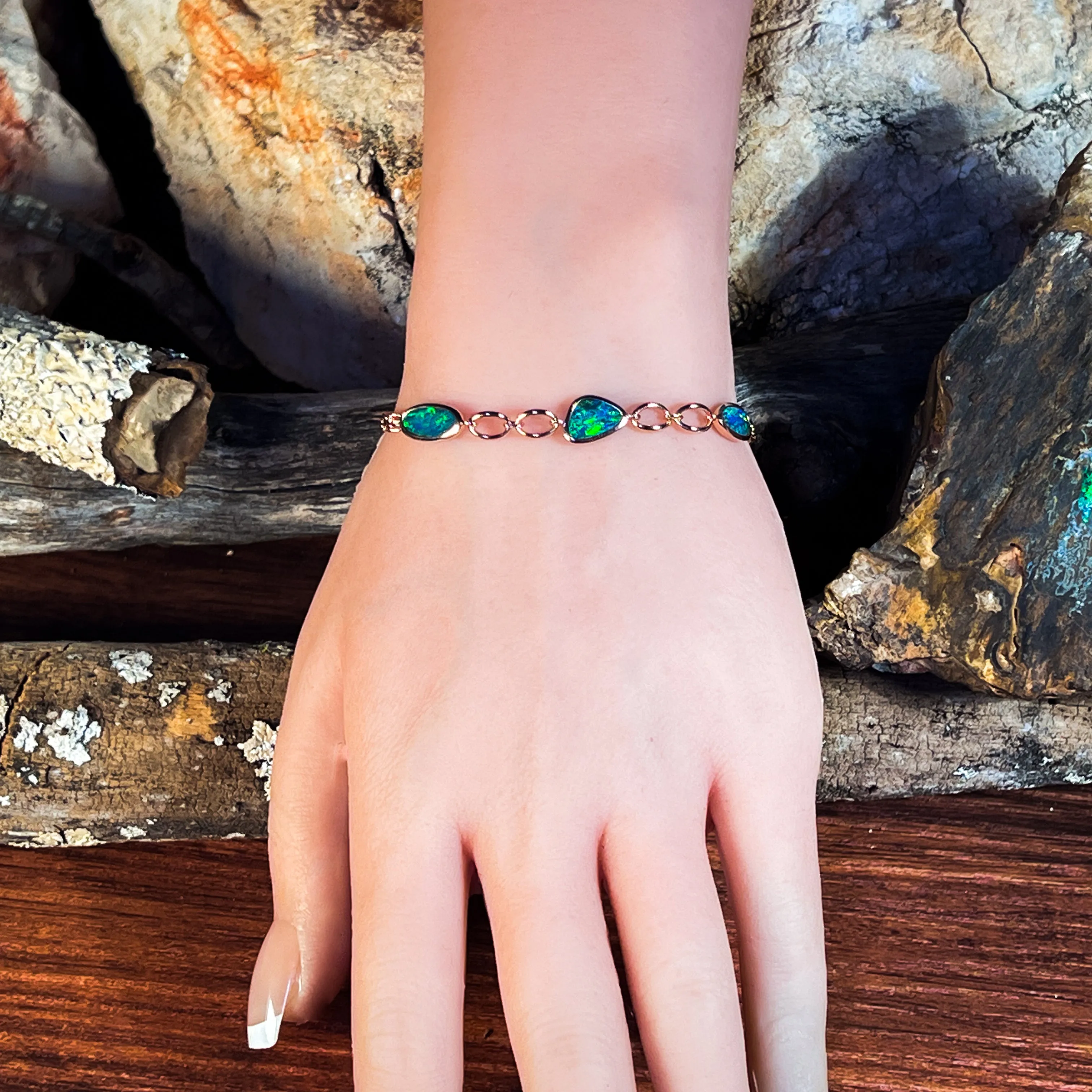 Sterling Silver Rose Gold plated freeform Opal doublet bracelet
