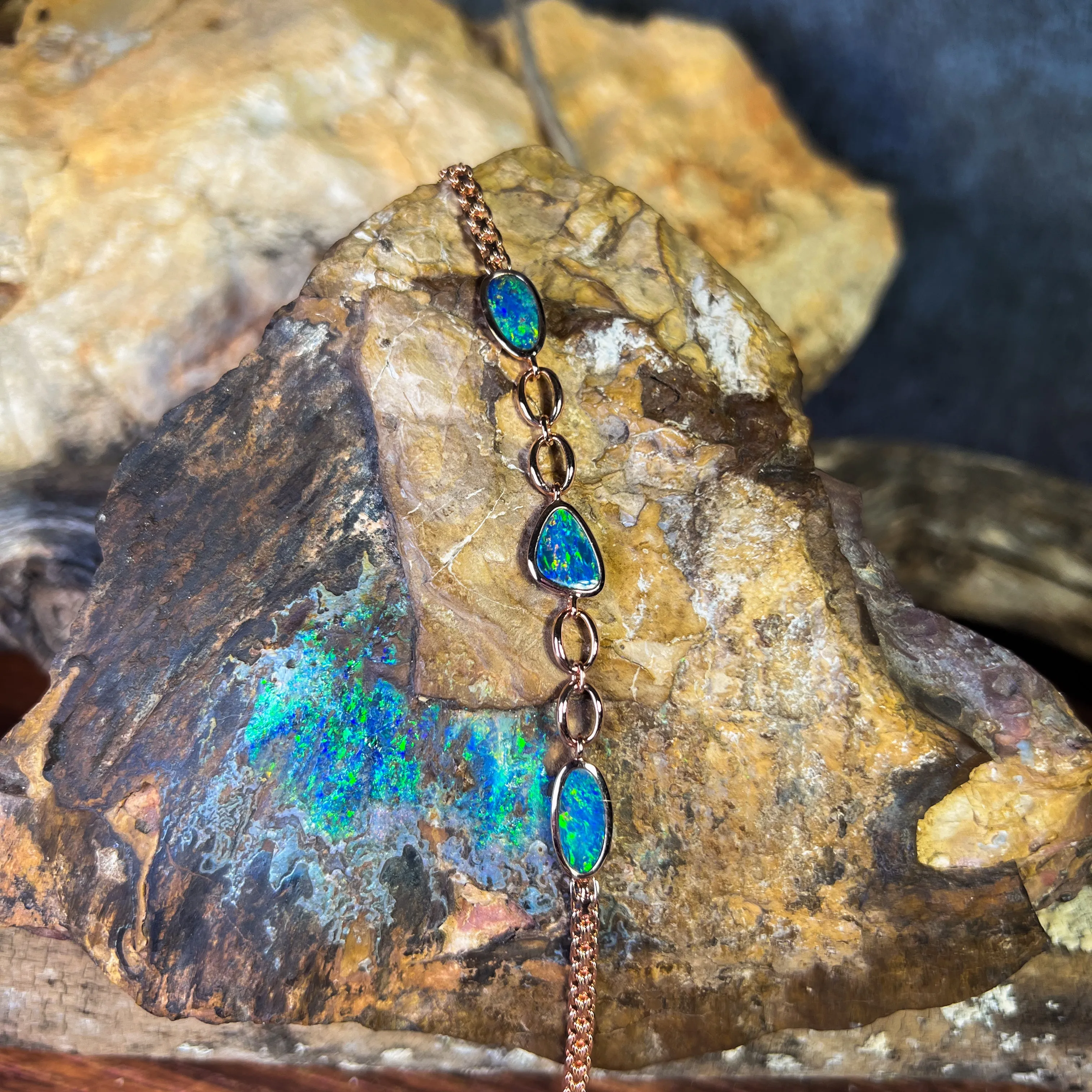 Sterling Silver Rose Gold plated freeform Opal doublet bracelet