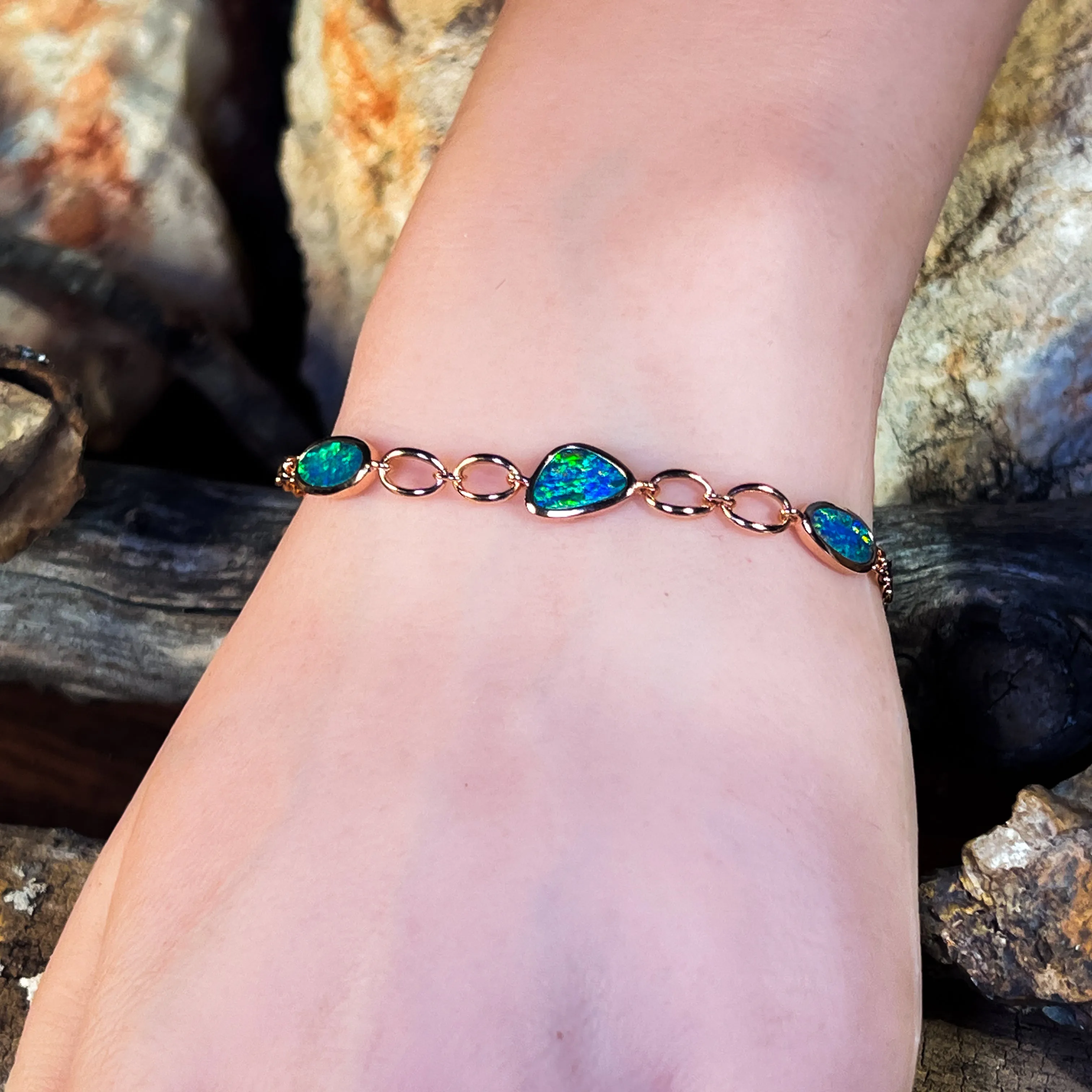 Sterling Silver Rose Gold plated freeform Opal doublet bracelet