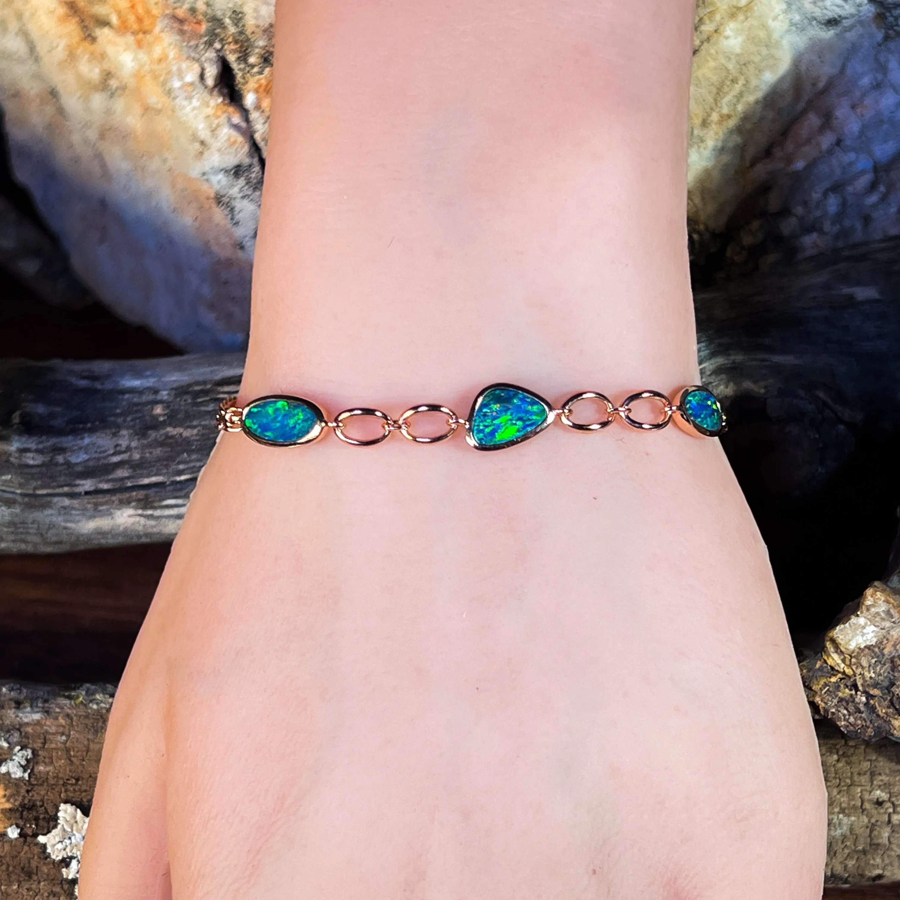 Sterling Silver Rose Gold plated freeform Opal doublet bracelet